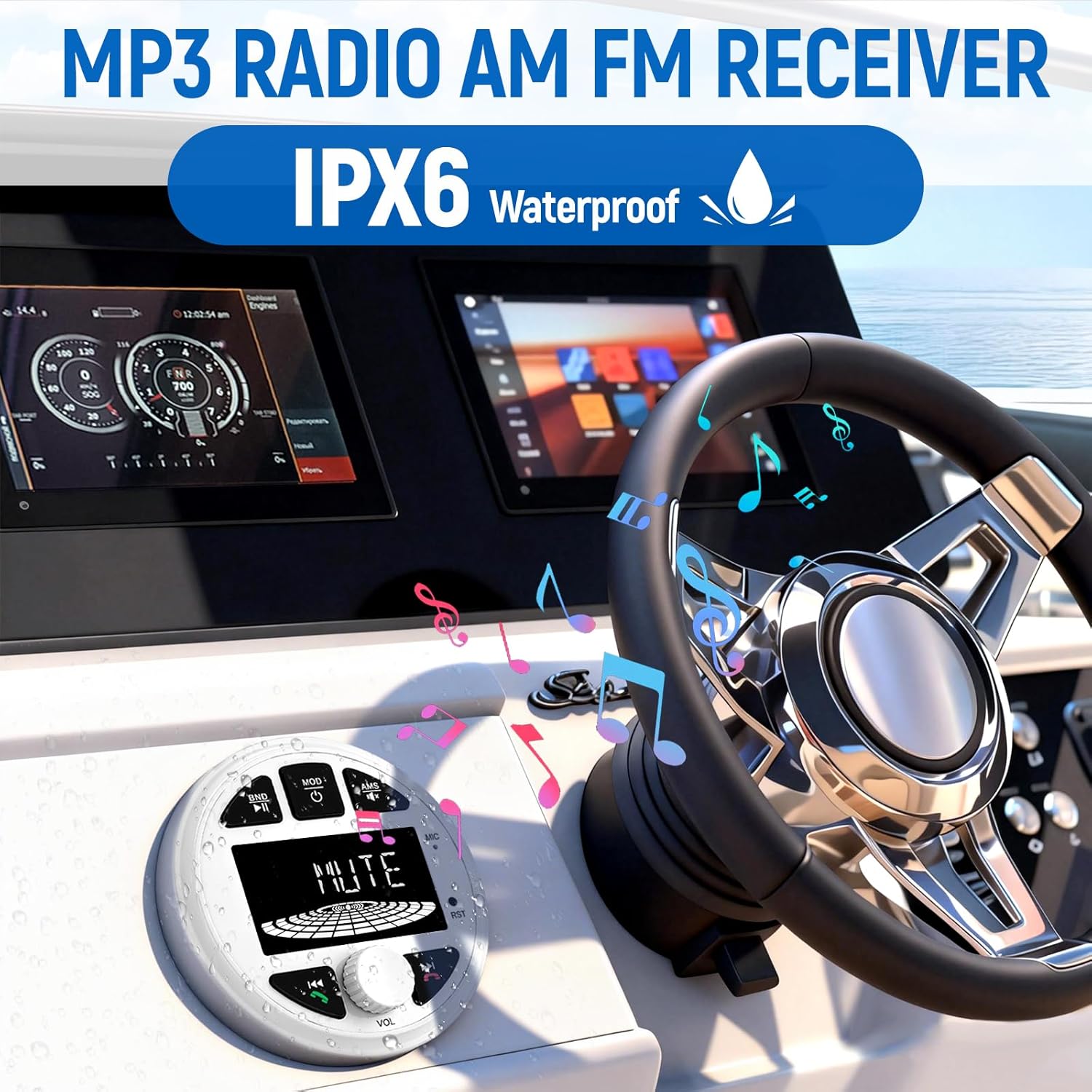 Boat Marine Radio, Marine Stereo Receiver, Waterproof Multimedia MP3 Player with 3" HD LCD Display,Multi-Mode Playback AM/FM Tuner, Preset EQ Subwoofer,Marine Stereos for Car, Boat, ATV, RV
