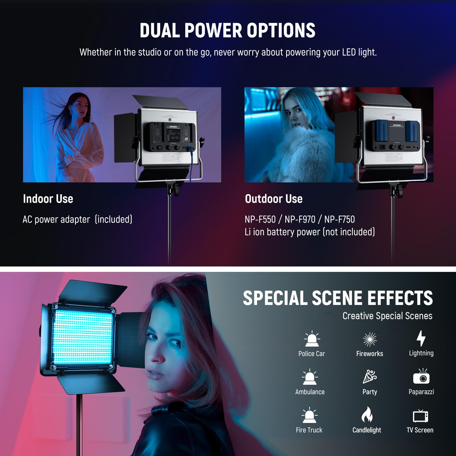 NEEWER Luce video da studio a LED RGB aggiornata con supporto per treppiede, controllo app 50 W 7000 Lx CRI97+ 3200-5600 K dimmerabile pannello kit di illuminazione per lo streaming di giochi e