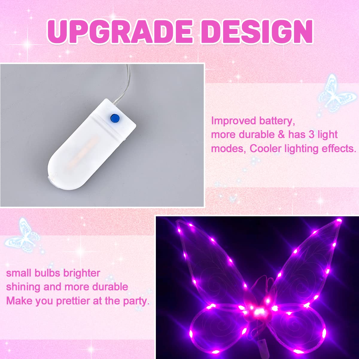 Tanganan Light up Fairy Wings Butterfly Wings for Adult Girls,LED Fairy Wing Sparkle Angel Wings for Women Halloween Cosplay Costume Angel Wings Dress Up (Pink+Wand) - Image 4