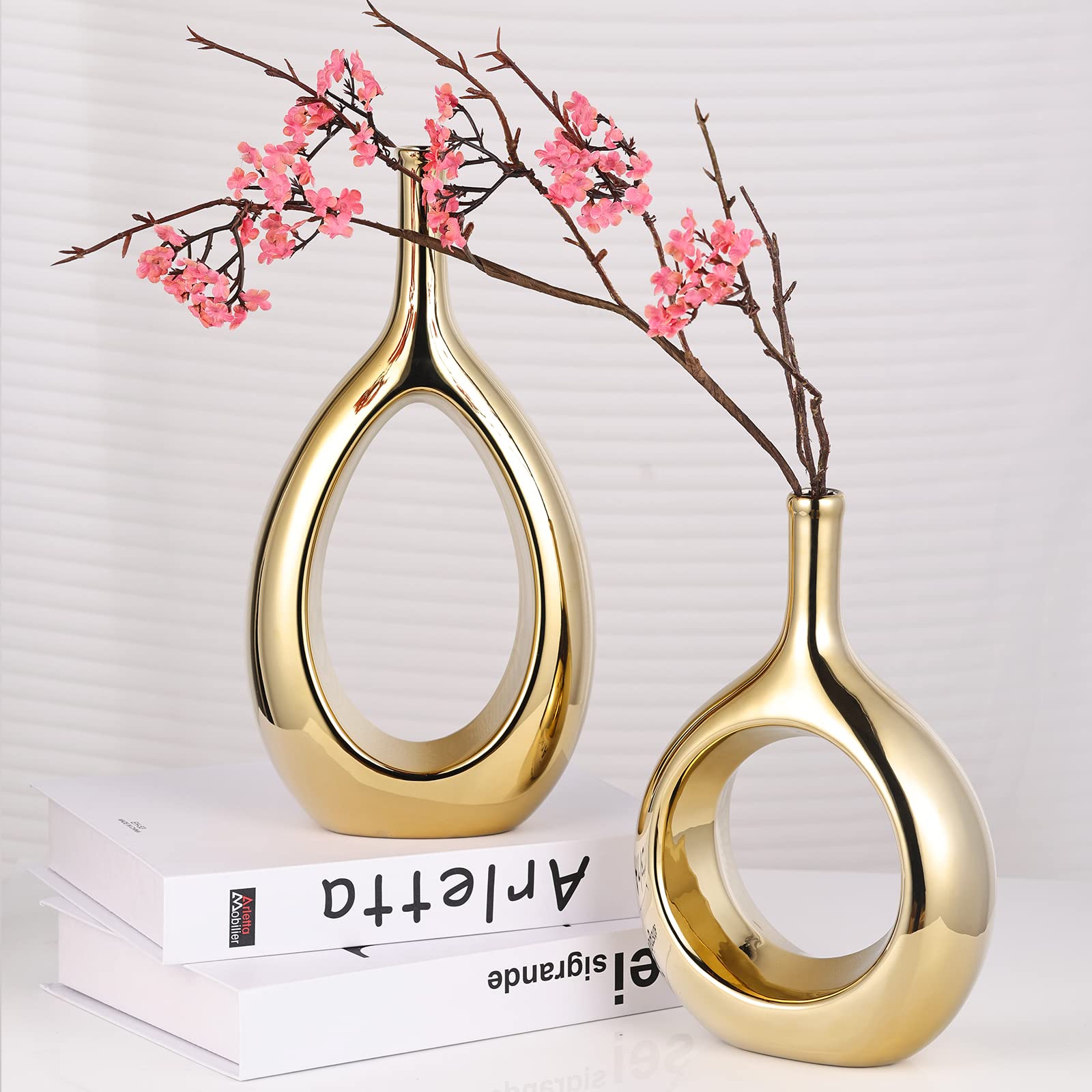 Set di 2 Vasi Moderni Decorativi in Ceramica Placcato Oro, Vaso Dorato con Design Aperto Centrale, Centrotavola Elegante per Soggiorno, Sala da Pranzo, Camera da Letto e Ingresso - Altezza 30.5 cm