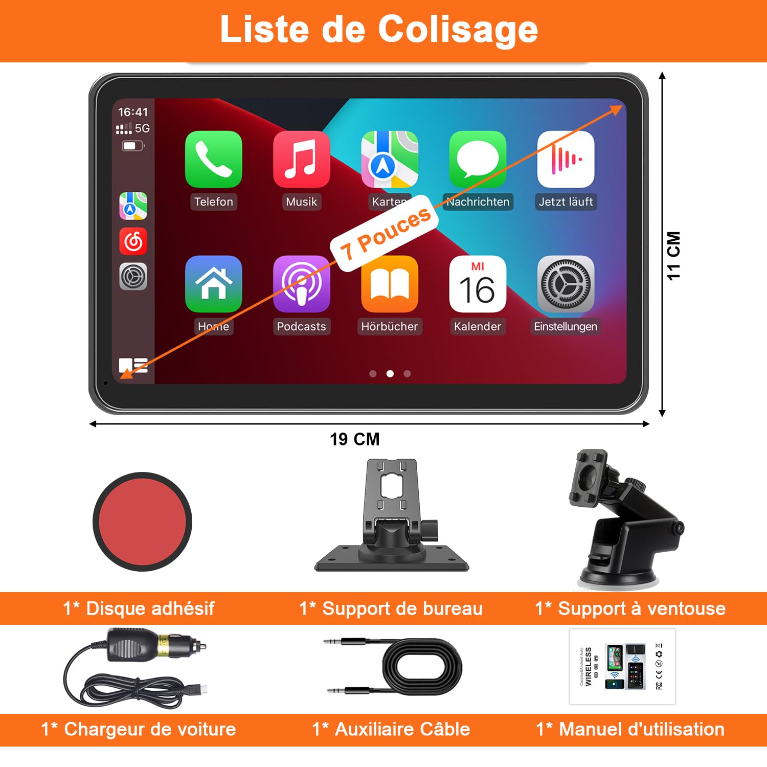 CarPlay Voiture, 7 Pouces Portable Autoradio avec Android Auto sans Fil | Stéréo de Voiture avec Écran Tactile, GPS Navigation, Assistant Vocal, Bluetooth Appels avec Mains Libres, MirrorLink, FM/AUX