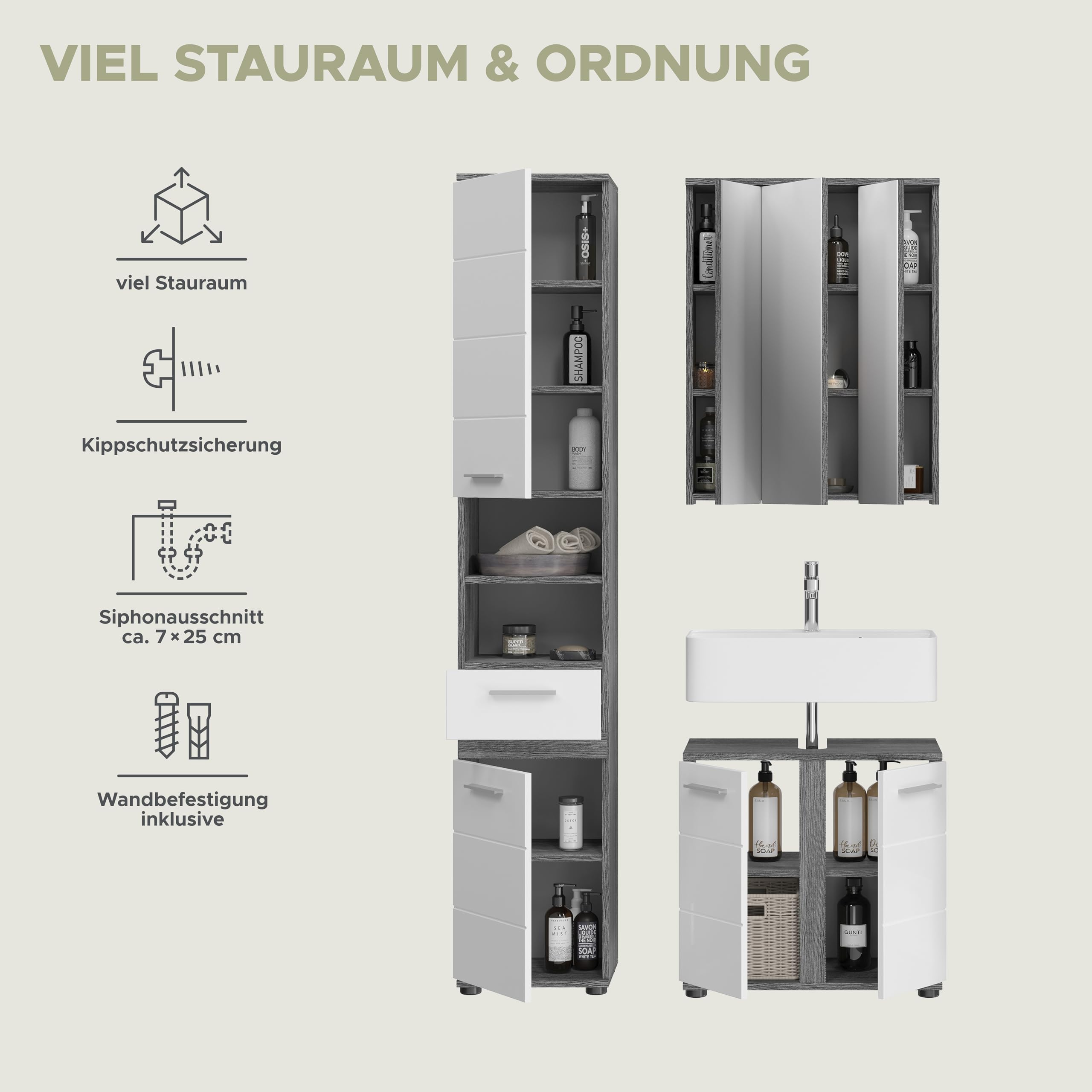 xonox.home Badezimmer Blake 3tlg. Kombination Badmöbel Set Set für kleine Bäder Komplettprogramm Badezimmer Bademöbel-Set in weiß Hochglanz, rauchsilber Nachbildung