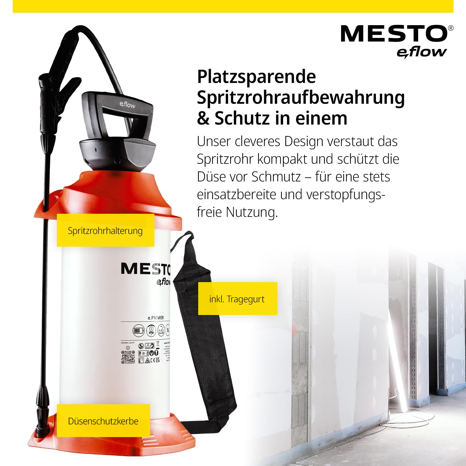 MESTO e.Primer Akku-Drucksprühgerät | Akku Drucksprüher 5 Liter | Für Tiefgrund, Haftgrund & Bauchemikalien | Drucksprüher Akku | Drucksprüher 5L für Handwerk & BAU | Drucksprüher elektrisch
