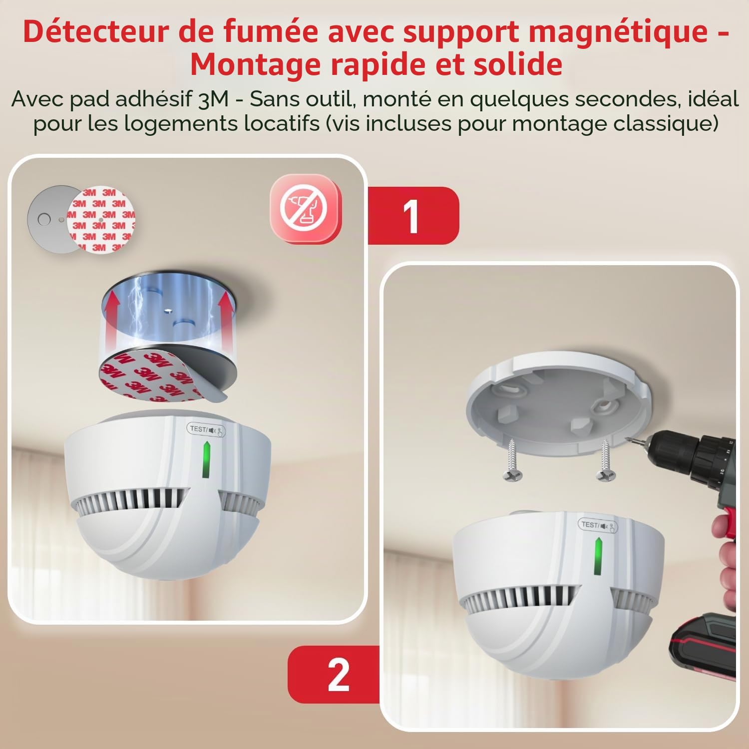 DAYTECH Mini Detecteur de Fumée avec 10 Ans Pile– Installation Facile Alarme Incendie détecteur fumée sans Percage avec Support Magnétique, Idéal pour Maison, Appartement et Location (Lot de 4)