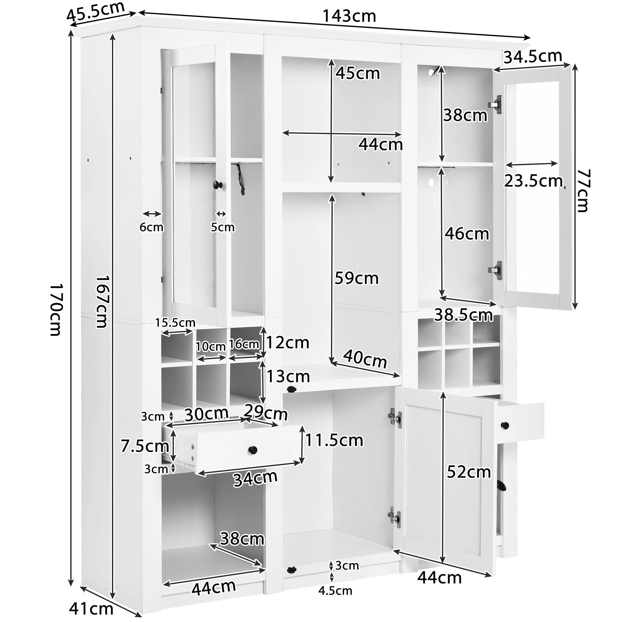 PUGSDRLY Armoire de Rangement Moderne Avec Portes - Buffet Polyvalent Avec Lumière LED et Étagères Pour Salon (143 x 45,5 x 170 cm)