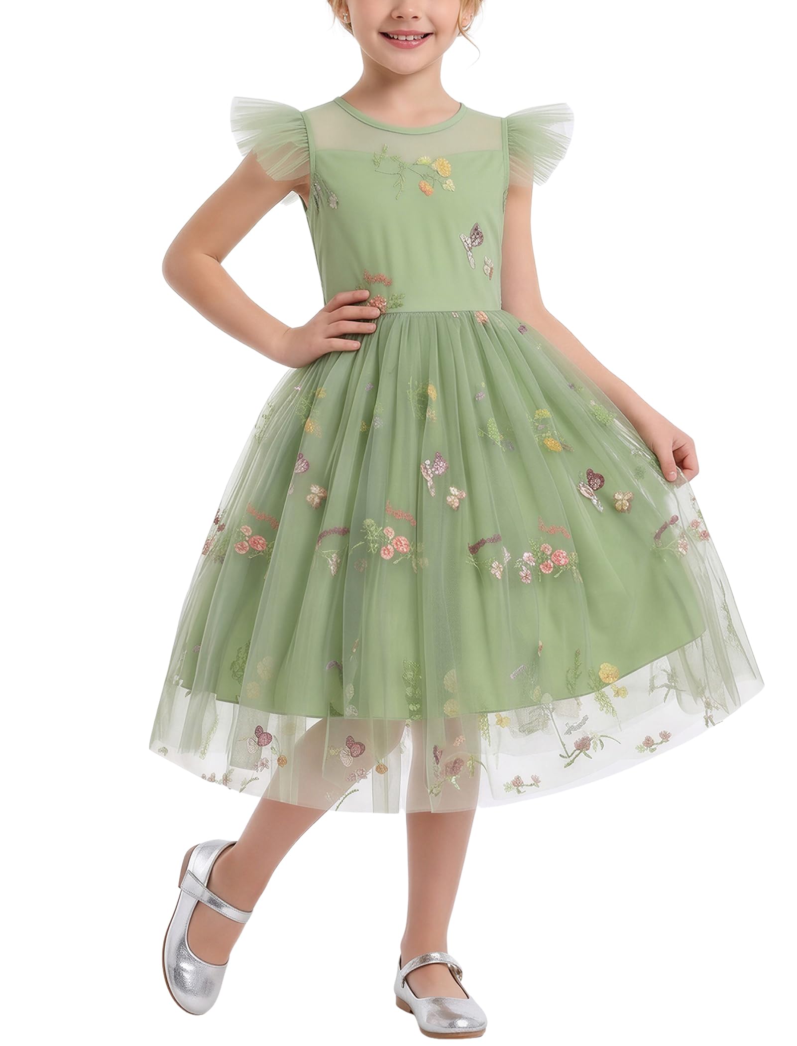 IBTOM CASTLE Mädchen Tüllkleid Rüschenärmel Blumenstickerei Stern Pailletten Tutu Kleider Geburtstag Hochzeit Party formelles Outfit