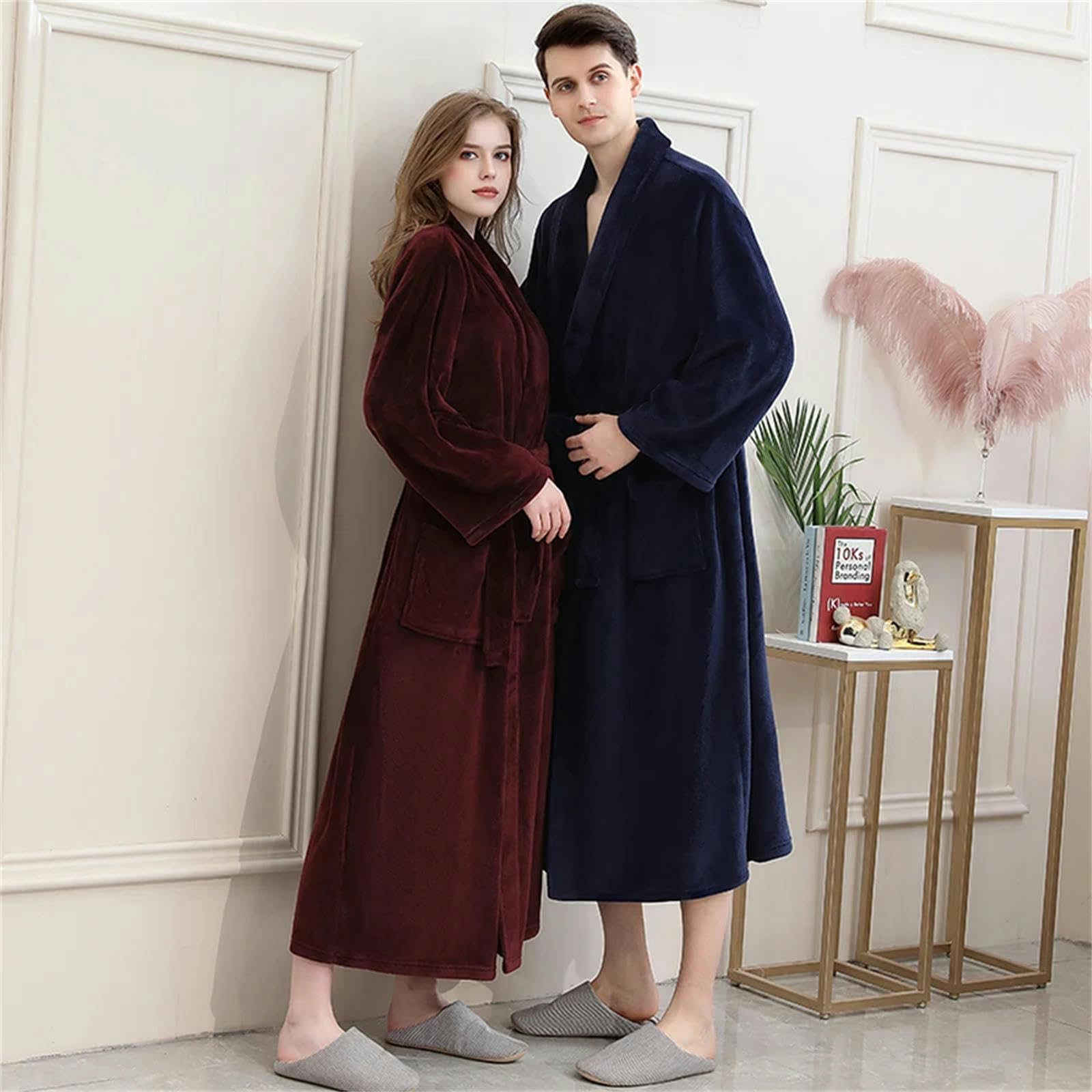 MdybF Szlafrok męski i damski zimowy bardzo długi ciepły flanelowy szlafrok plus size koralowy polarowy szlafrok kąpielowy-L-z, Z, L
