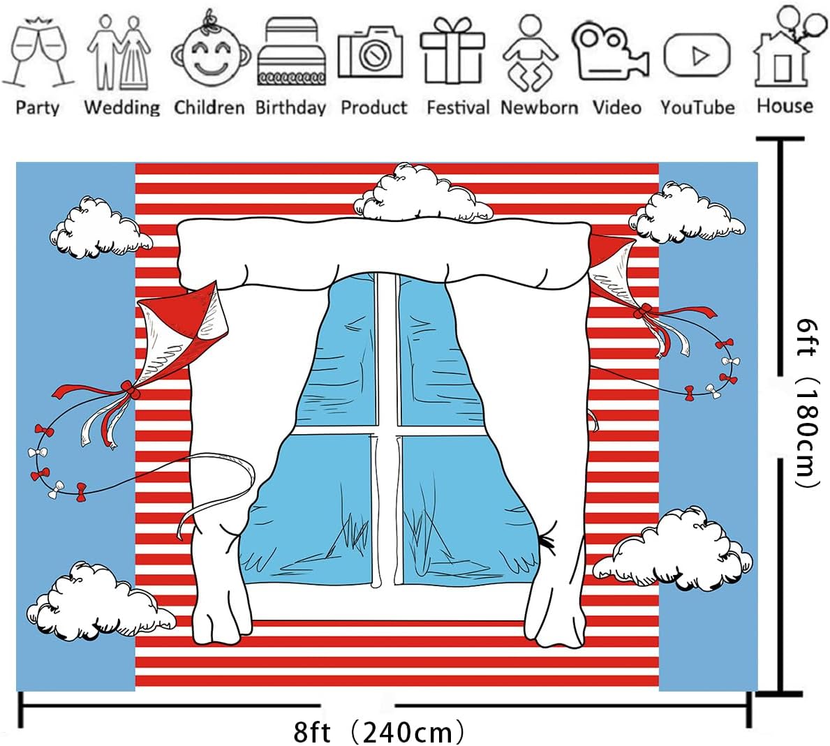 XCKALI Cartoon Window Kite Backdrop Red White Stripes Kid Birthday Photography Party Decoration 8x6FT
