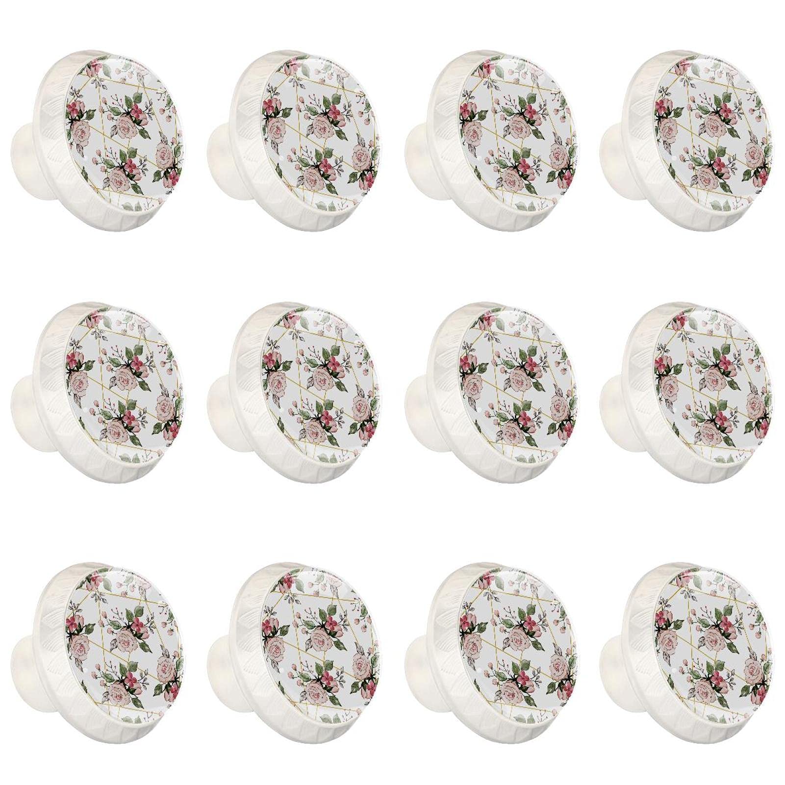 Boutons d'armoires de cuisine design artistique rond lot de 12 poignées de tirage fleurs roses