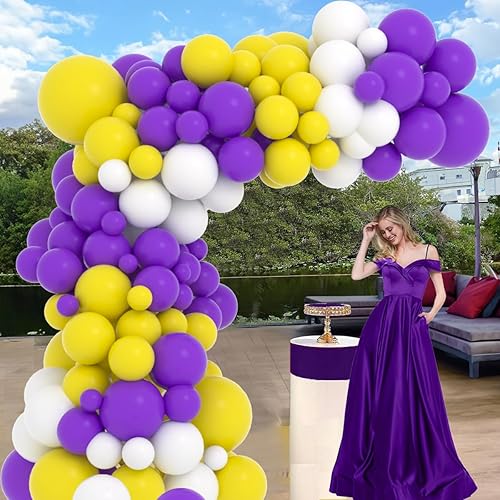 Miniatura 4 de Kit de arco de guirnalda de globos morados y amarillos y blancos, 122 globos amarillos, morados y blancos para cumpleaños, boda, aniversario,