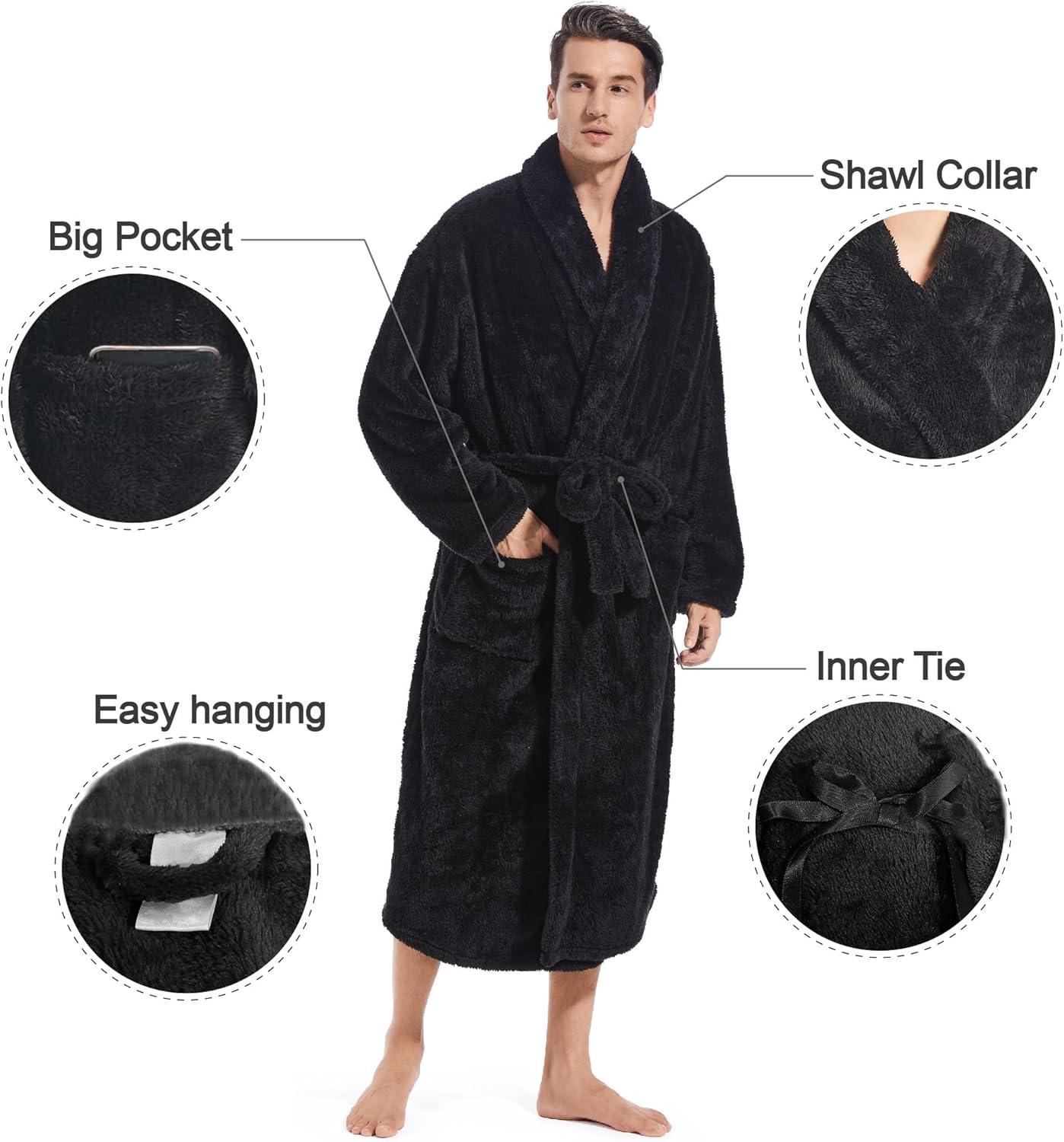 Inner Wish Mens Plush Fleece Robe, Cozy Warm Bathrobe Fuzzy Male Spa Long Robe With Pockets (DARK GREY) - Image 4