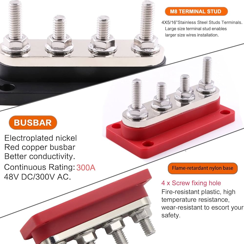 T Tocas 300A 12V Bus Bar Power Distribution Blocks With 4X M8(5/16") Terminal Studs, Heavy Duty Battery BusBar With Cover 12 Volt - 48V DC For Car Marine Boat Solar And More, Red - Online Marketplace