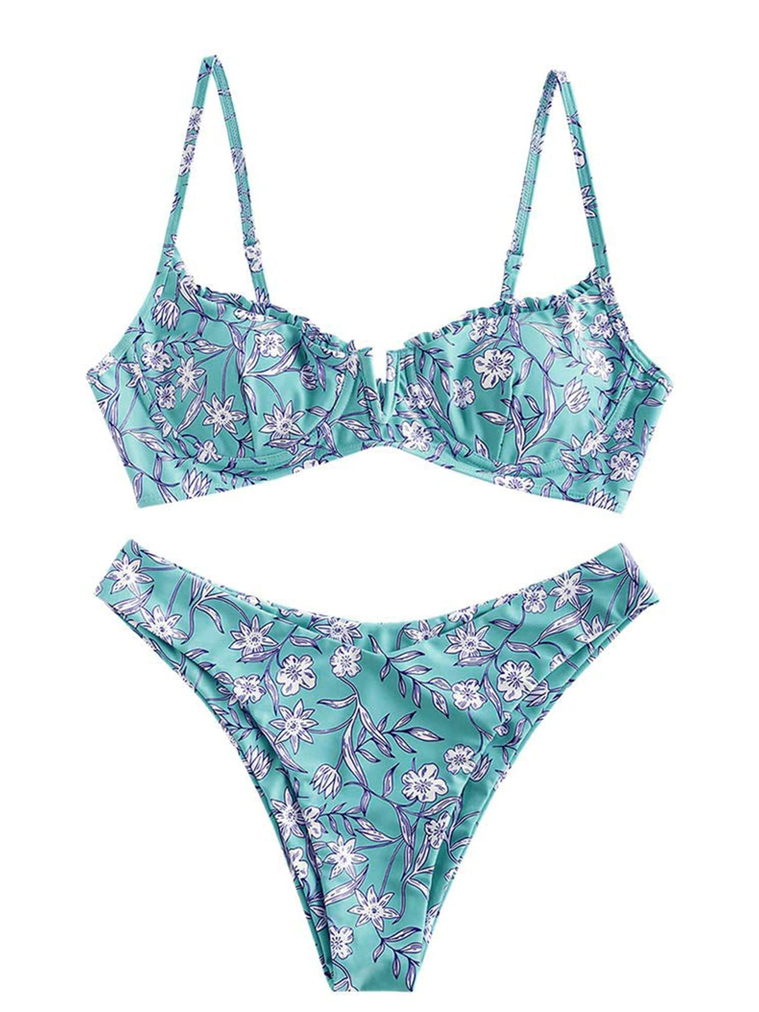ZAFUL Women's Underwire Bikini Floral V-Wired High Leg Two Piece Bikini Set Swimsuit