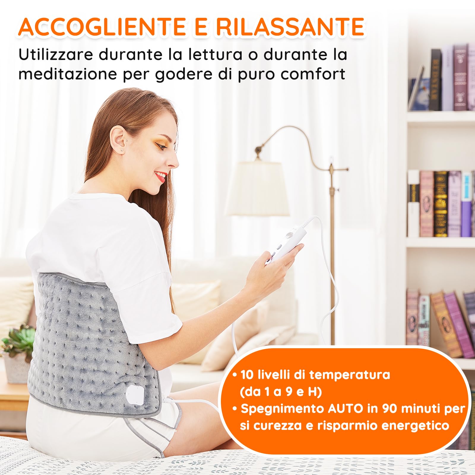Cuscino Termoforo Elettrico Riscaldante 60x30cm, per alleviare il dolore, schiena collo spalle addome braccia e gambe, Spegnimento automatico in 90 minuti, 10 livelli di calore, lavabile in lavatrice