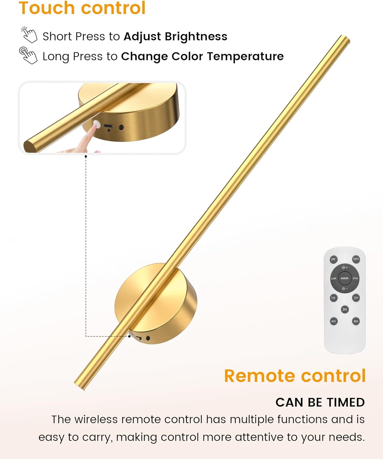 NIORSUN 27.6 Inch Battery Operated Wall Sconce Set of 2, Gold Minimalism Rechargeable Wall Lights with Remote, 3CCT Dimmable Wireless Wall Lamp for Living Room Bedroom Hallway