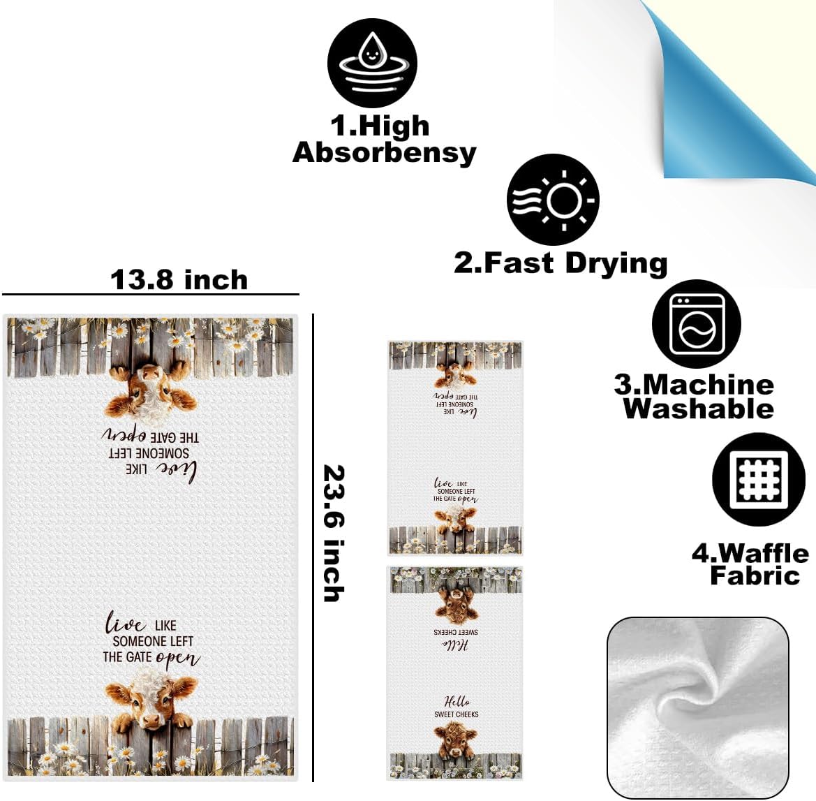 2 Pcs Farmhouse Western Cow Bathroom Towels 24x14 Inch, Highland Cow gifts