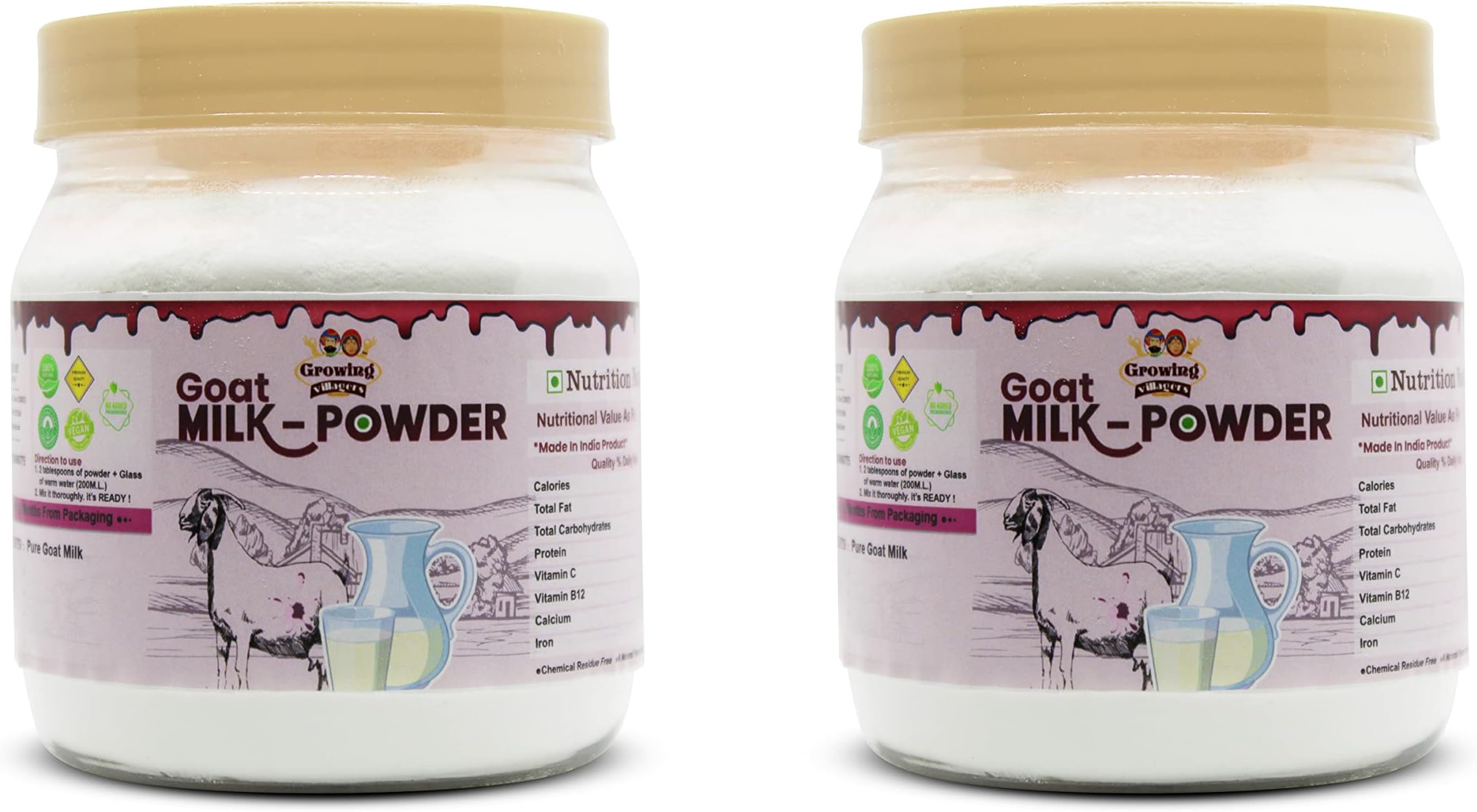 Growing Villagers Natural Goat Milk Powder | Freeze Dried Organic Grass Fed Goat Milk Powder | Substitute For Liquid Milk | 2 Jars Of 150 Grams Each