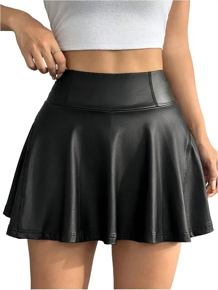 Minissaia feminina de couro PU cintura alta evasê saia rodada skater shorts