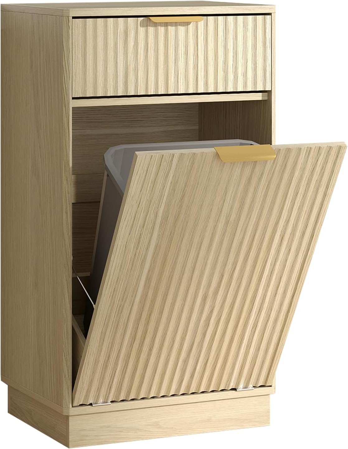 Tilt-Out Trash Cabinet with 10-Gallon Capacity, Walnut Laundry Hamper Cabinet, 34.3 x 19 x 13.8 inches, Wave-Textured Front.
