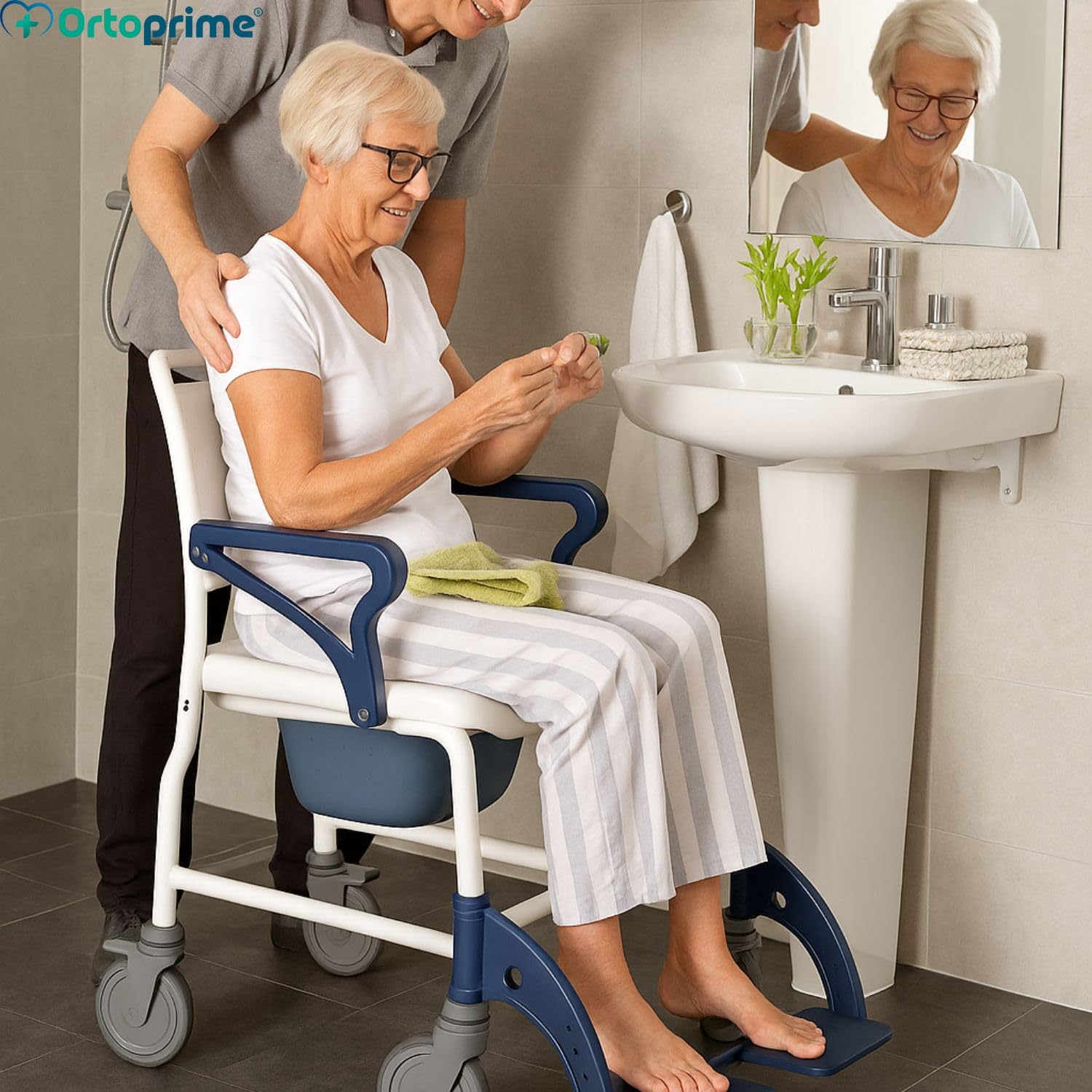 OrtoPrime Silla Ducha WC Personas Mayores Silla Ducha RUEDAS y FRENOS Silla Baño Adultos Brazos y Pies ABATIBLES - Silla wc Baño Portátil Silla Ducha Personas Mayores - Silla de Baño con Inodoro