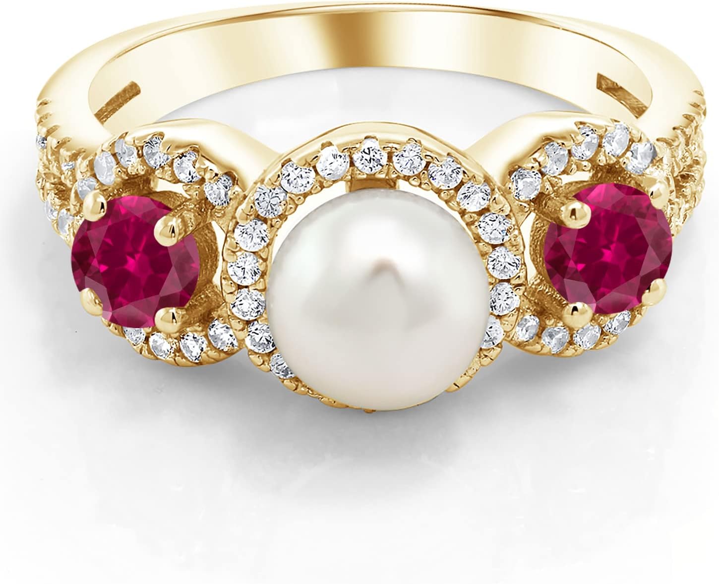 Gem Stone King Cultured Freshwater Pearl and Gemstone Birthstone Ring for Women | 18K Yellow Gold Plated Silver | Round 4MM | Wedding Engagement Anniversary Promise Ring | Available In Size 5-9