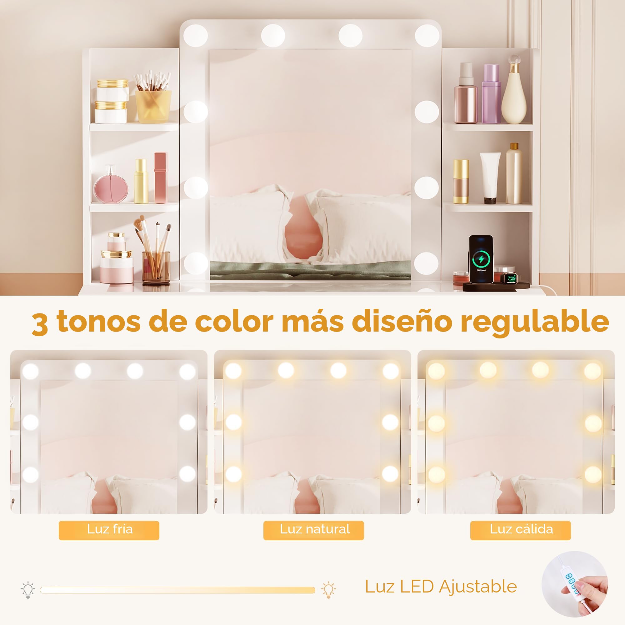 BEWISHOME Tocador con Luces LED Regulables, Mesa de Maquillaje con Espejo y Tapa de Vidrio, 9 Cajones Blanco EFST39W