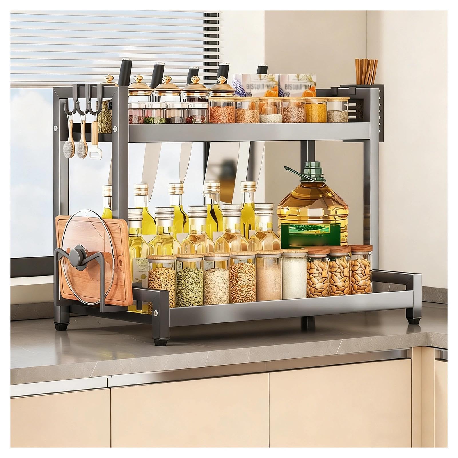 TIANQIHAO Stainless Steel Countertop Spice Rack Nizer, 2-Tier Metal Table Rack With Hooks And Knife Holder, Standing Large Nizer For Sugar, Salt, Pepper And Oil Bottles,Grey-2 Tier-19.7in
