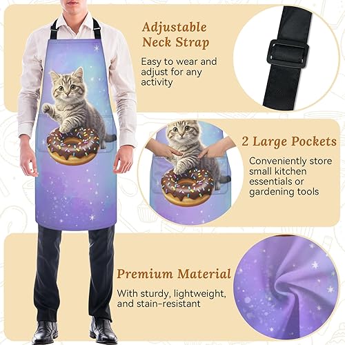 Miniatura 3 de Delantales de cocina para mujeres y hombres, delantal ajustable con correa para el cuello con 2 bolsillos para cocinar, hornear, jardinería,