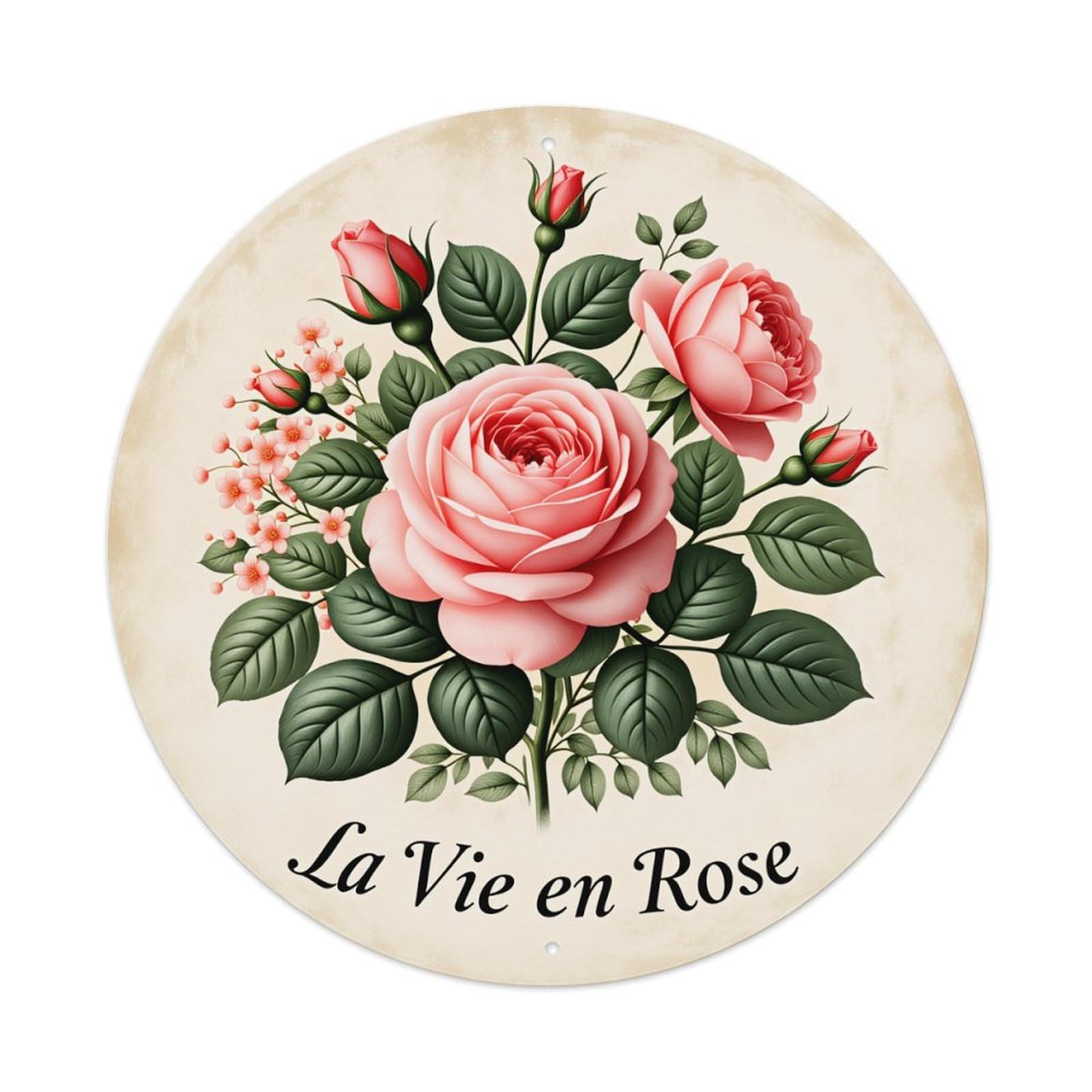 Pink Rose Bouquet With Green Leaves And Text Round Vintage Tin Sign,Retro Wall Art,Metal Poster for Home, Bar, Garage, Cafe, Rustic Indoor & Outdoor Decor, 8x8 Inches
