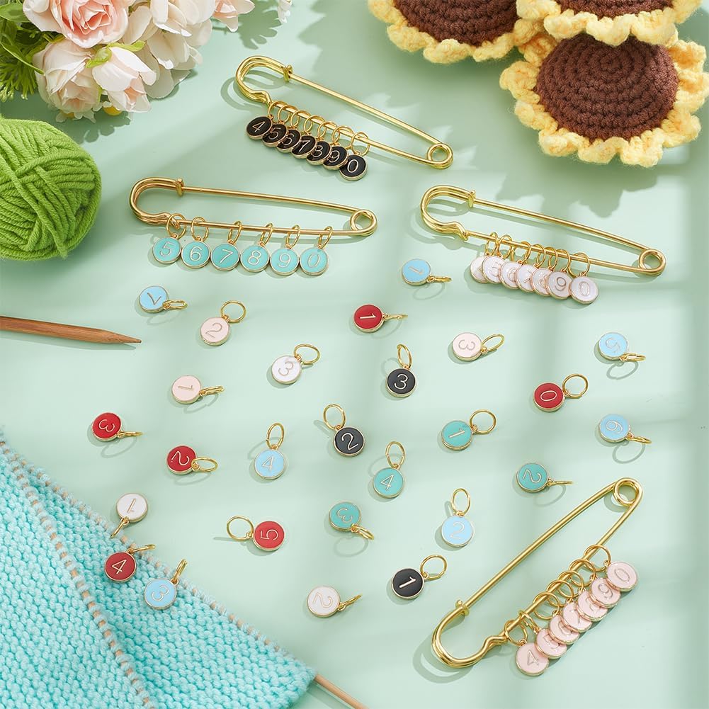 BENECREAT 60PCS 6 Sets Numbers 0~9 Stitch Marker Charms, 6 Color Alloy Enamel Number Pendant Stitch Markers Knitting Supplies with Safety Pins for Knitting Weaving Sewing, Crochet Markers