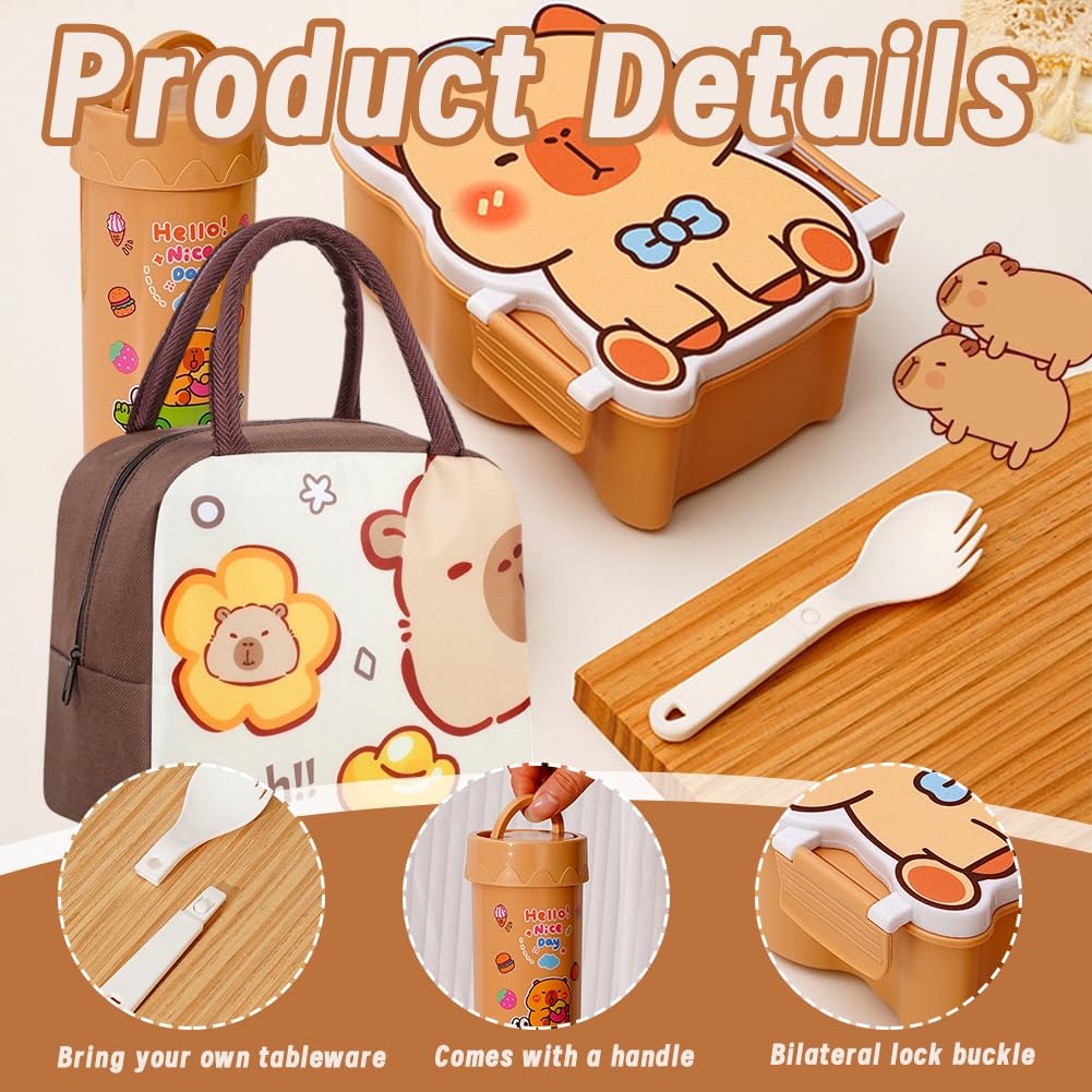 Borsa Per Il Pranzo Capybara E Bambini Con Bicchiere e Porta Pranzo,Set Da Pranzo Per La Scuola,Borsa Termica Lunch Bag Porta Pranzo Al Sacco Cartoni Animati Per Viaggi,Lavoro,Scuola