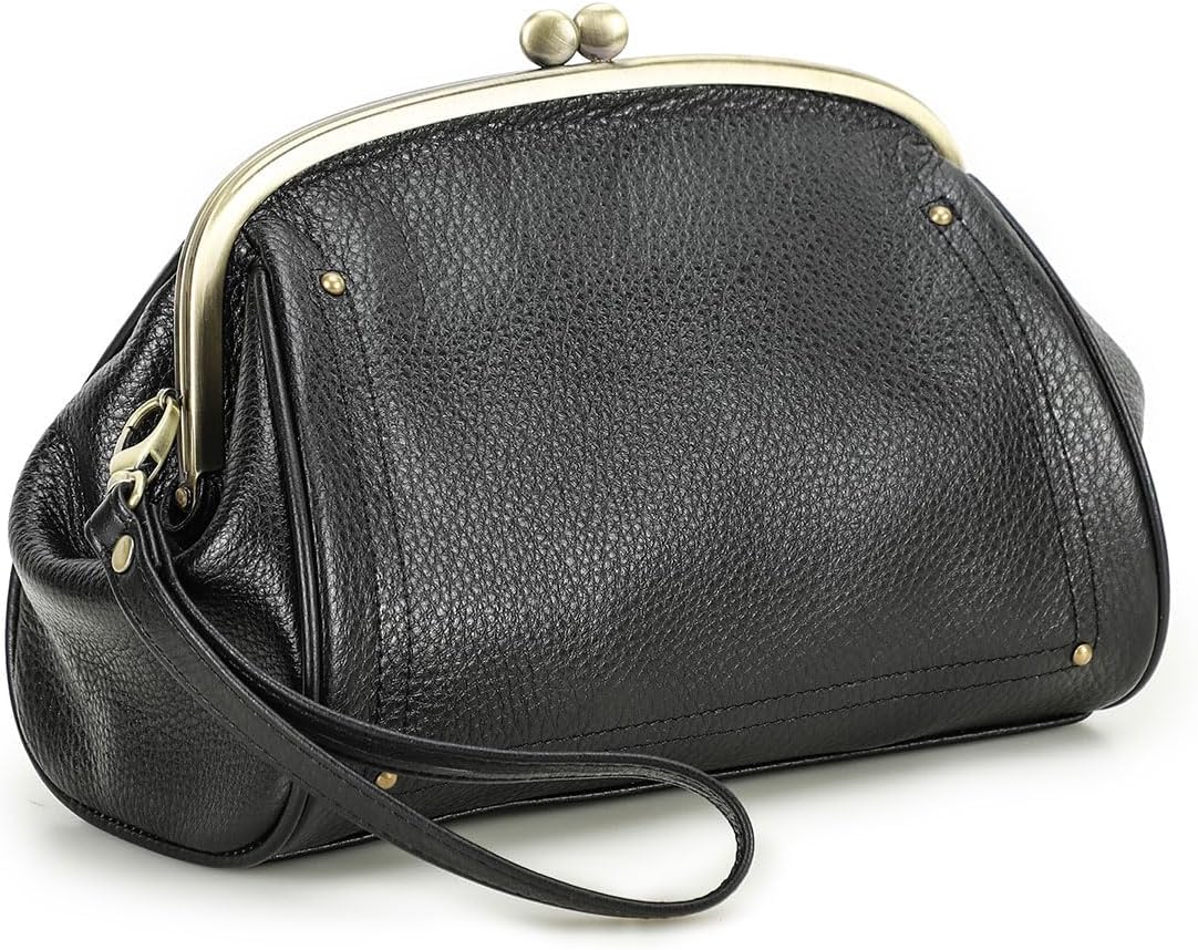 CONTACTS Full Grain Leather Kiss Lock Clutch Purse for Women Evening Clutch Bag Kiss Clasp Handbag