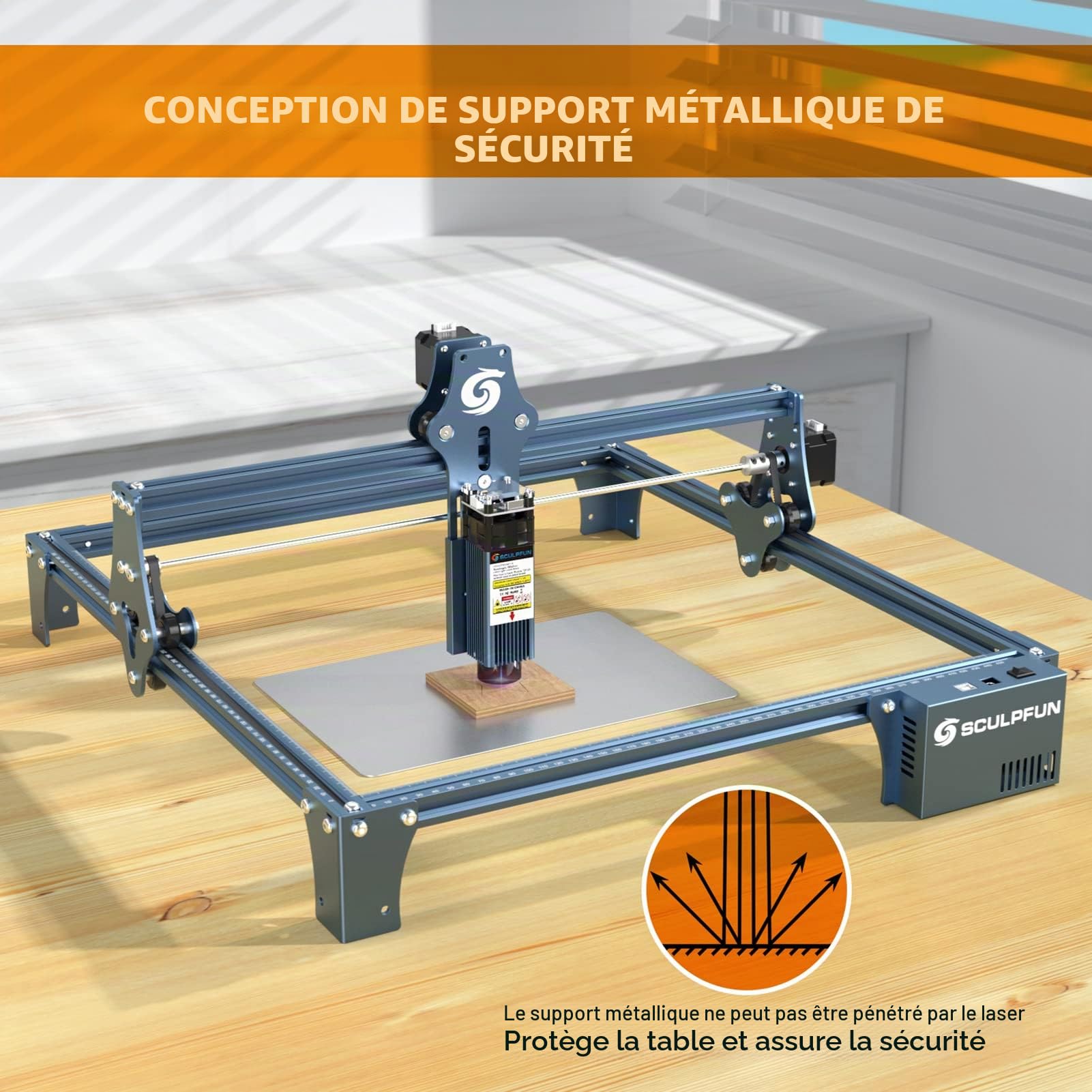 SCULPFUN S9 Graveur laser, 90W effet découpeuse gravure laser sur métal, gravure et découpe rapides en Bois, mise au point fixe et protection yeux, zone travail 410 mm x 420 mm
