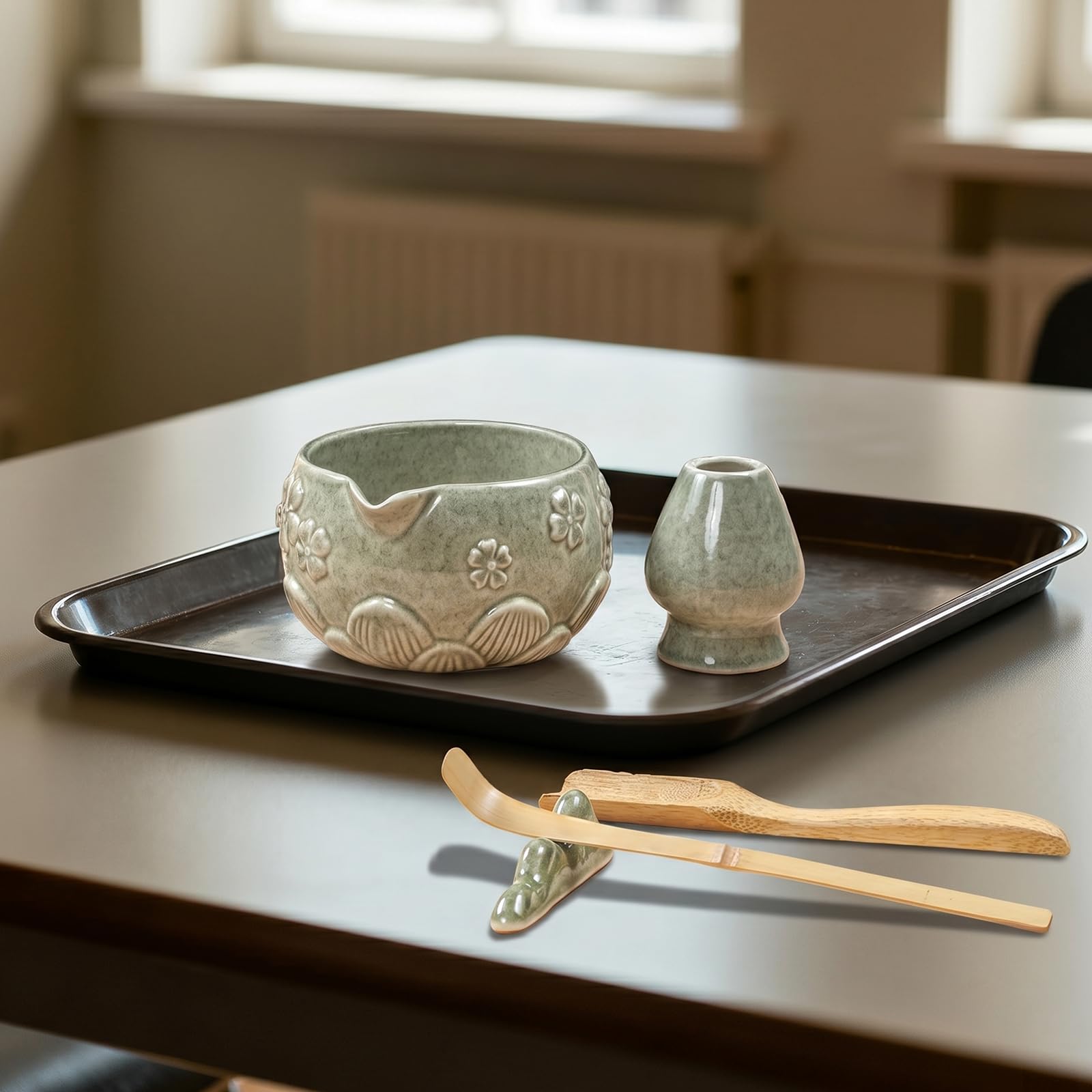 8 pezzi Matcha Kit, Matcha Set design a fiori di ciliegiocon Frusta Matcha, Ciotola, Cucchiaio, Filtro, Supporto, Kit Matcha completo, Elegante Set per Amanti del Matcha(Verde)