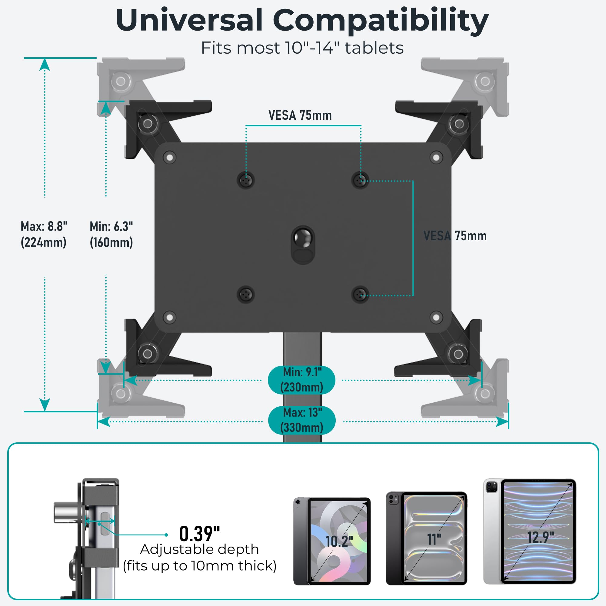 Diebstahlsicherer iPad Kiosk Ständer, Höhenverstellbarer Tablet Bodenständer Für POS Kasse, Halterung 10-14" iPad Pro 12.9 11 10.9, Galaxy Tab, Surface Pro, 360° Drehbar, Schwarz