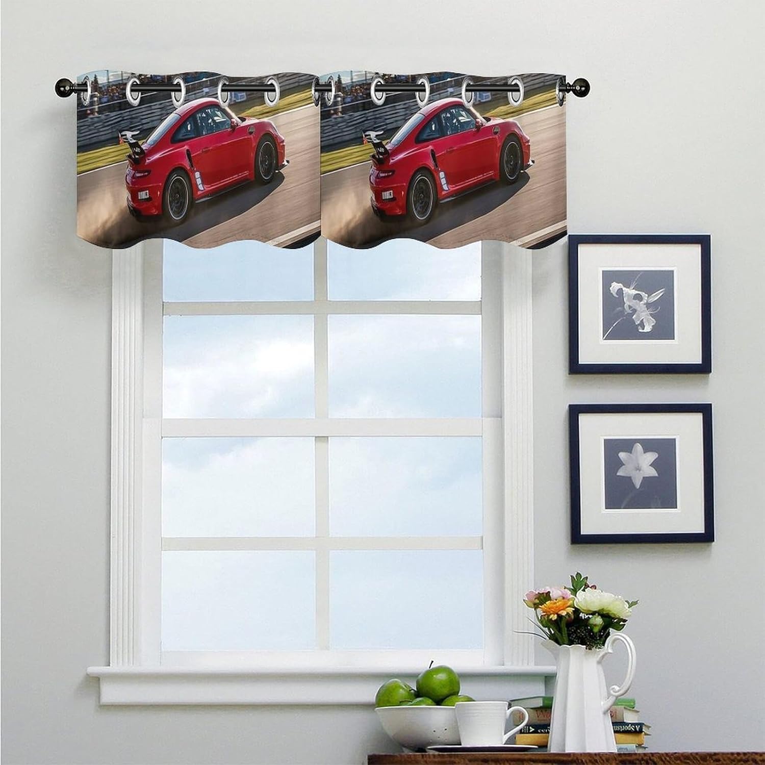 Rapid Sports Car Valance for Windows, 2 Pack Kitchen Curtains Modern Home Decor, Soft Blackout Window Curtains for Living Room & Bedroom, 18 X 52 Inch