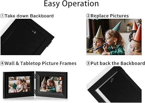Miniatura 8 de Marco de fotos doble de madera con bisagras horizontales de 5 x 7 pulgadas, marco de fotos plegable con frente de cristal real en negro para mesa,