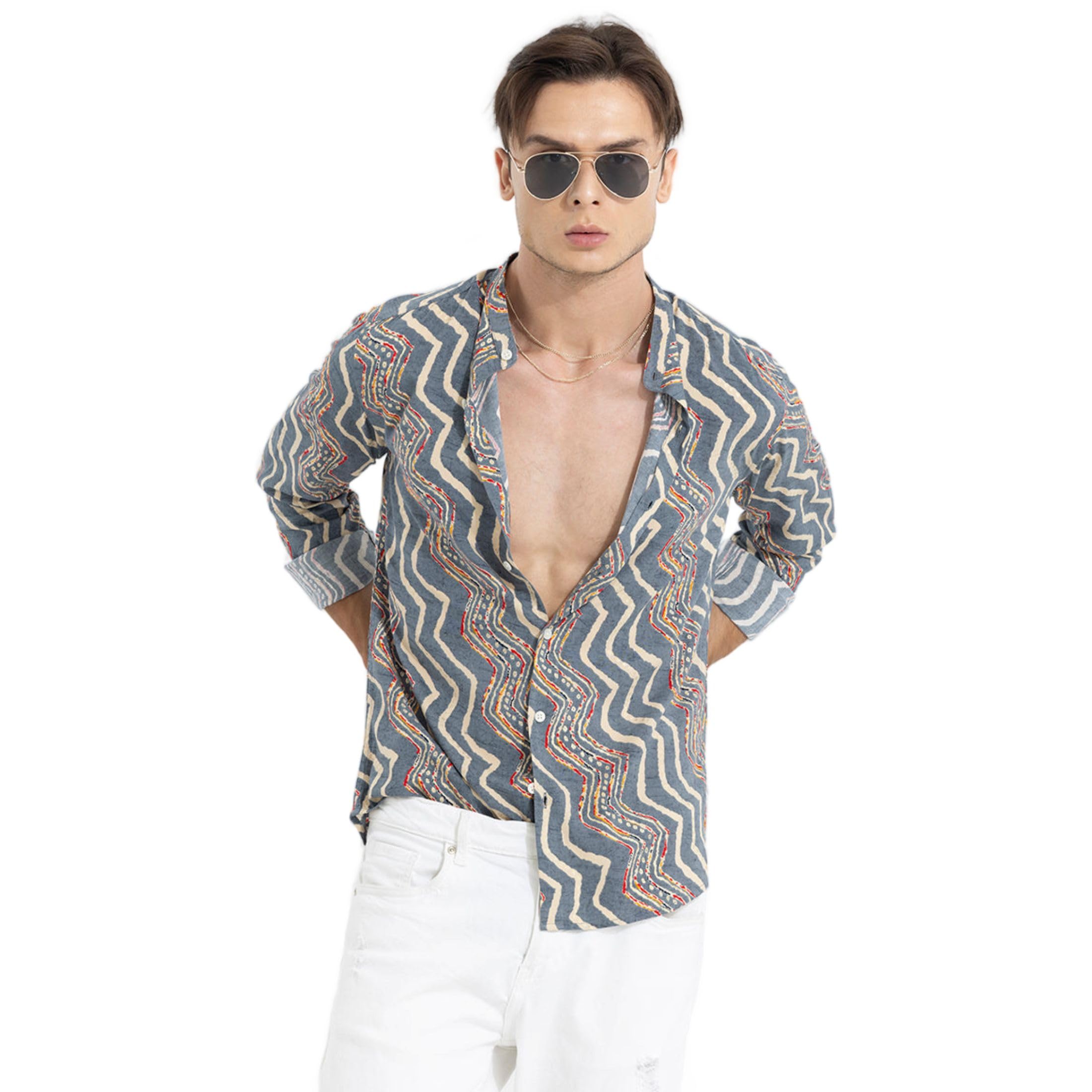 Snitch Grey Chevron Rayon Regular Shirt
