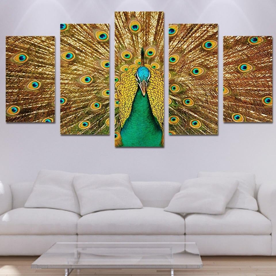 Grand tableau decoration murale salon triptyque plumes de paon encadré