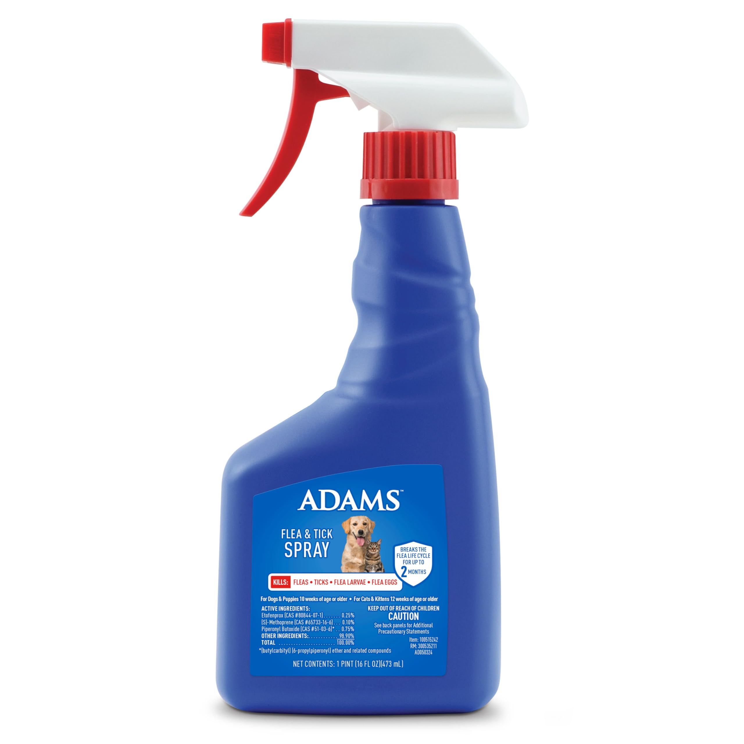 Adams Flea & Tick Spray For Dogs and Cats ; Kills Fleas and Ticks Through Contact, Kills Flea Eggs, Flea Larvae, and Prevents Flea Egg Hatch ; Controls Flea Reinfestation For Up To 2 Months ; 16 Oz