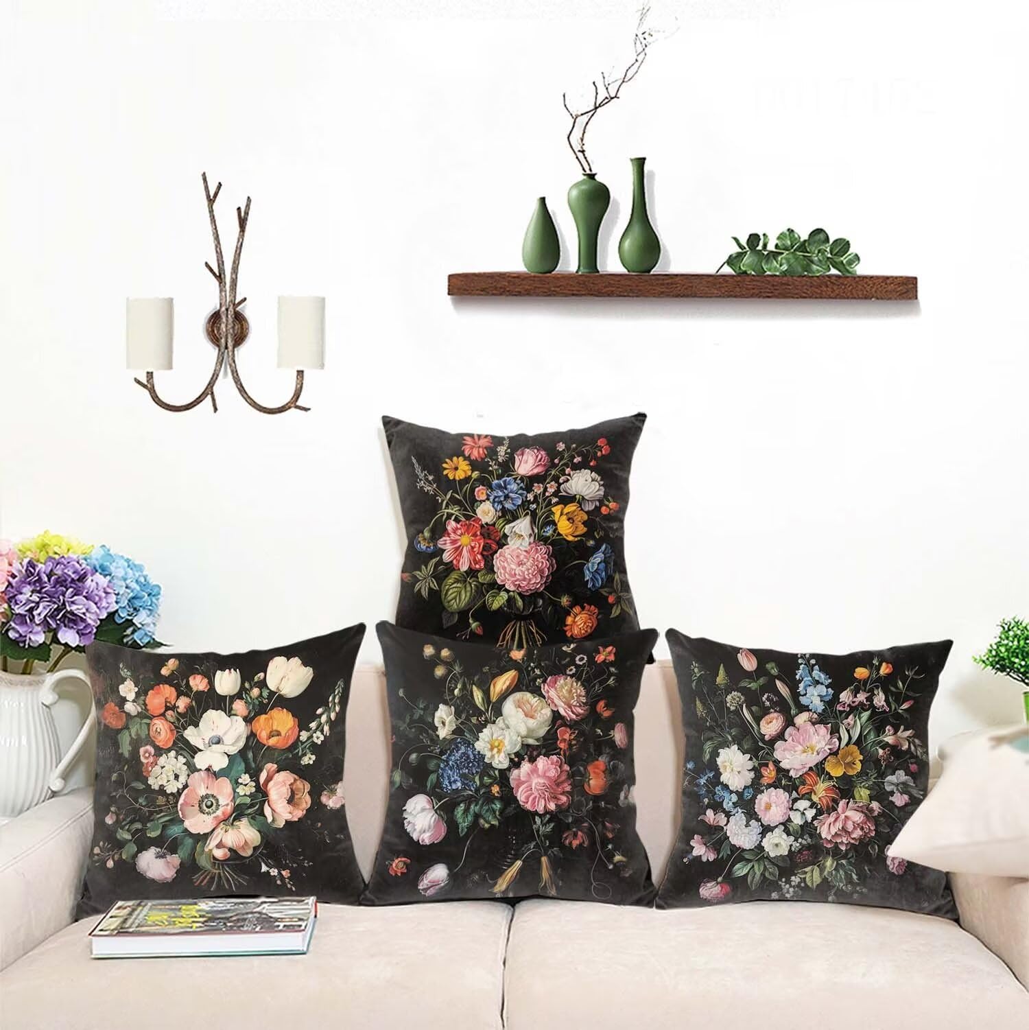 Housse de Coussin 65x65cm Lot de 4 Housse Coussin Doux Coussin Fleur Canapé Taie d'oreiller Noir Housses de Coussin en Doux pour Chambre, Chaise, Lit, Salon, Jardin, Canapé Decoration Maison mu-230