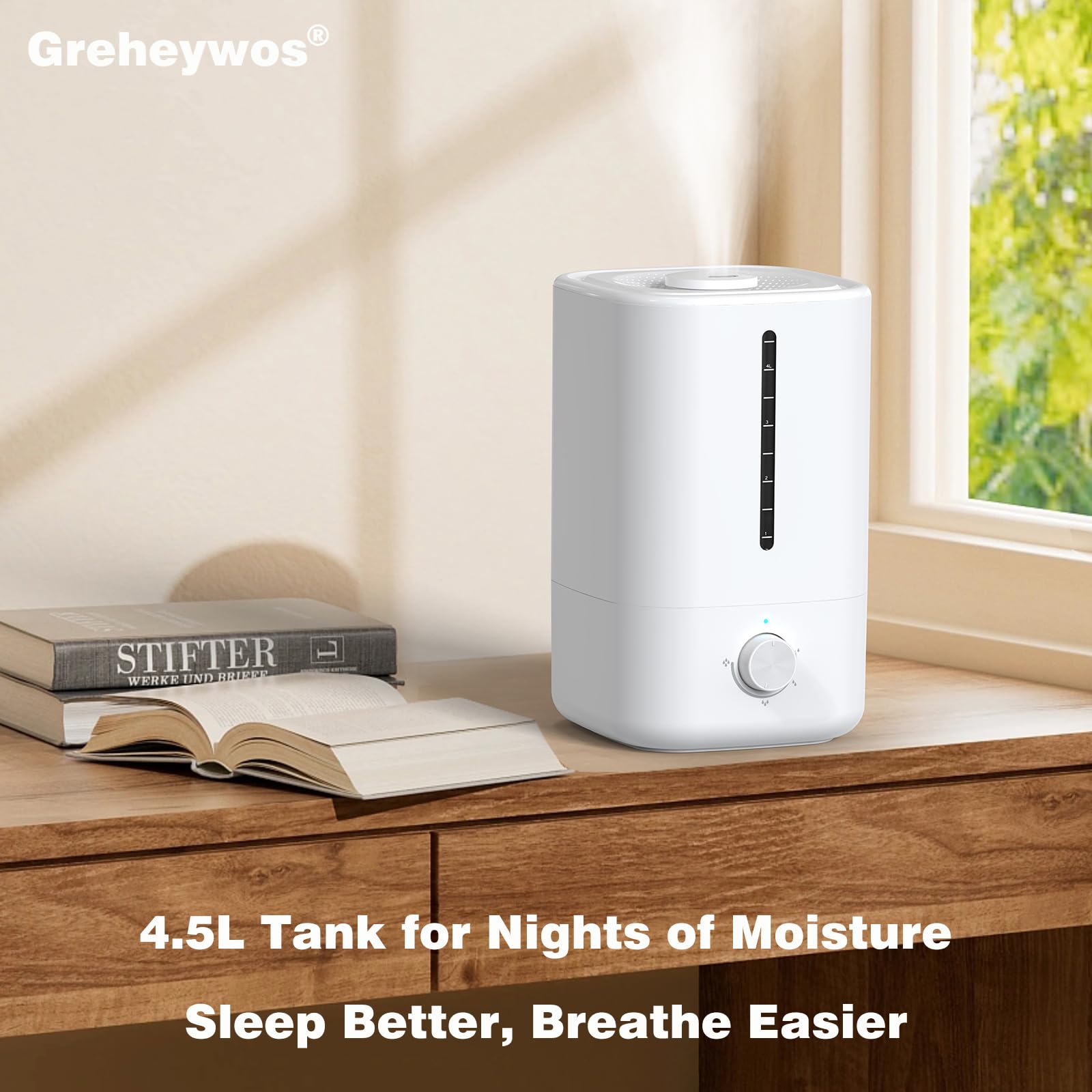 Humidificadores de llenado superior para dormitorio, tanque de 4.5 litros para habitación grande, difusor de aceite, humidificador de aire silencioso de 20 dB para el hogar, guardería y