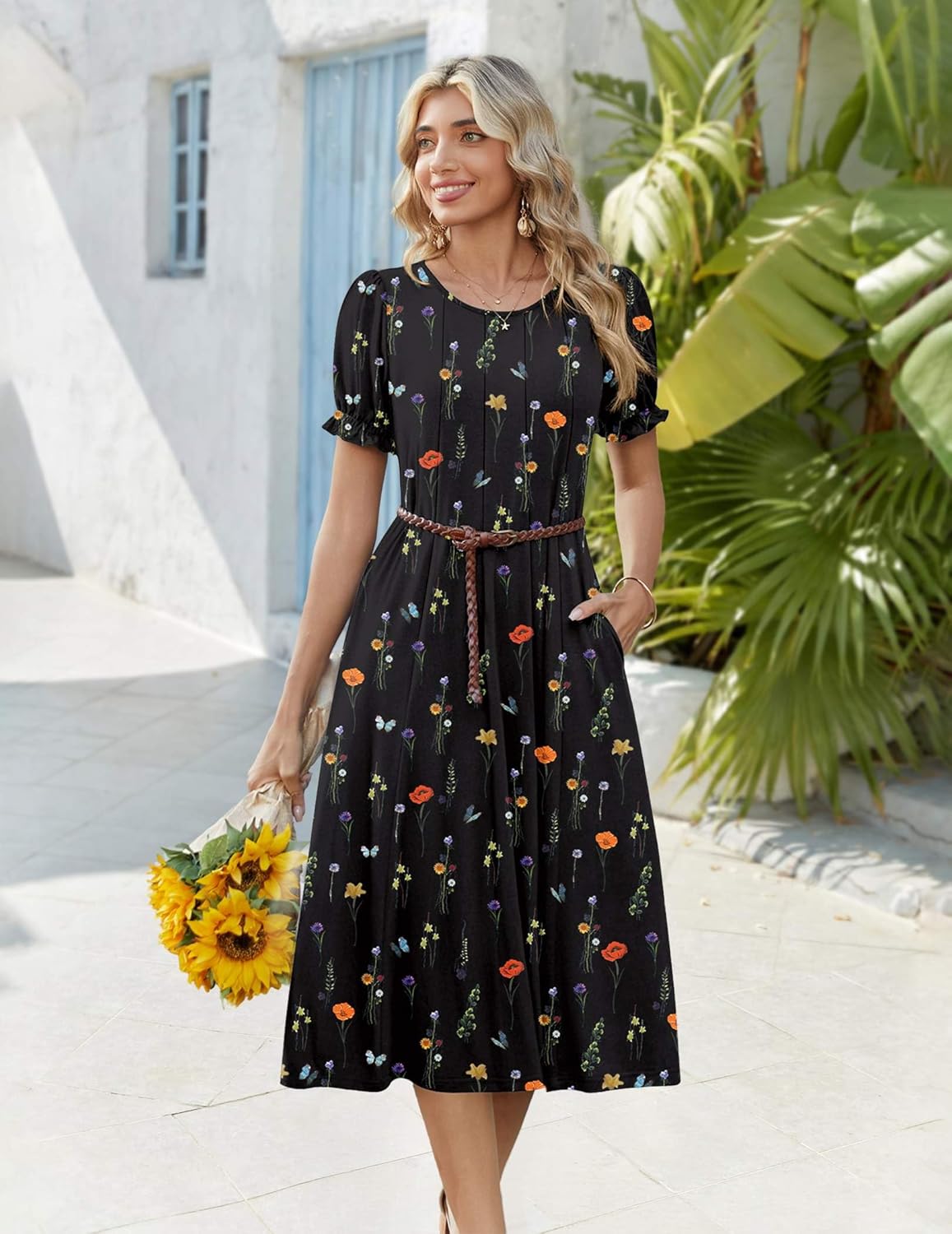 Zeagoo Womens Summer Dress Casual Midi Dresses 2026 Short Puff Sleeve Flare Dress Pleated Flowy Sundress with Pockets - Image 5