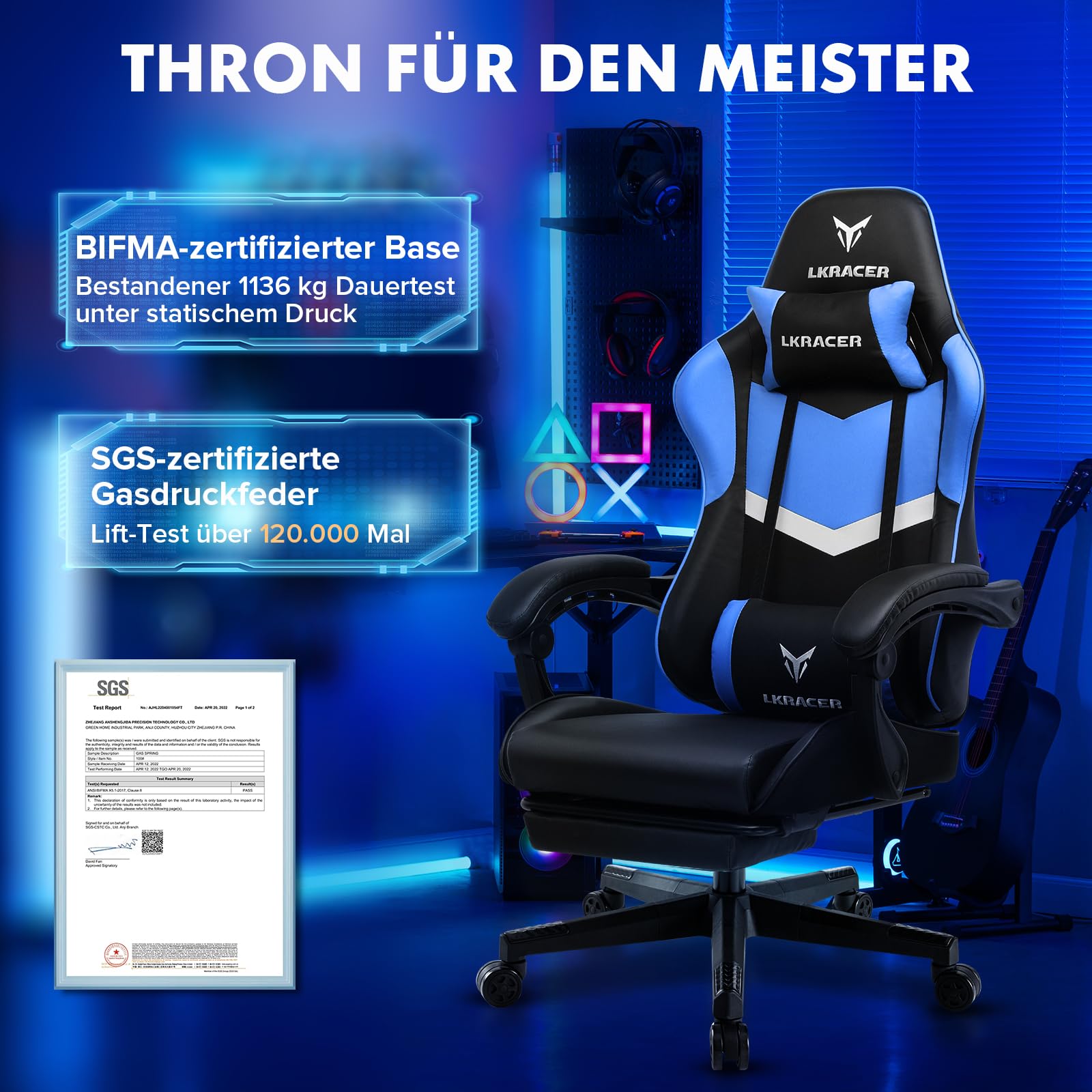 LUCKRACER Fotel gamingowy z podnóżkiem, ergonomiczny, z regulowaną poduszką lędźwiową, poduszka pod głowę, fotel gamingowy, z regulacją wysokości, obciążenie 150 kg, kolor niebieski
