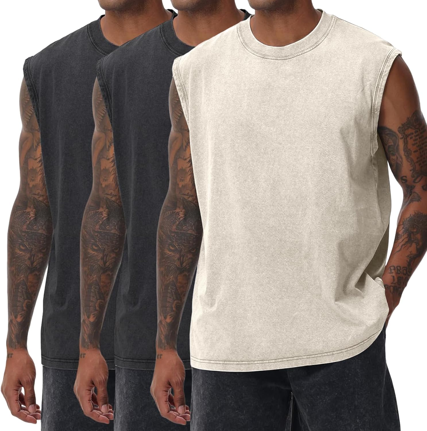 Yimoon Mens Tank Tops Workout Sleeveless Shirts Acid Wash Cotton Tees Loose Gym Muscle Shirts