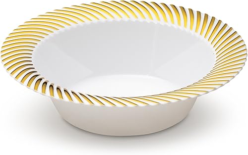 Miniatura 3 de 40 unidades  cuencos de 5 onzas Laura Stein Designer vajilla premium de plástico pesado blanco postre tazón con borde diseñado en oro, placa de