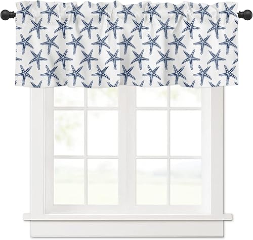 Cortinas de ventana con diseño de estrella de mar de playa, color azul marino, para cocina, baño, dormitorio, verano, océano, náutico, costero, con