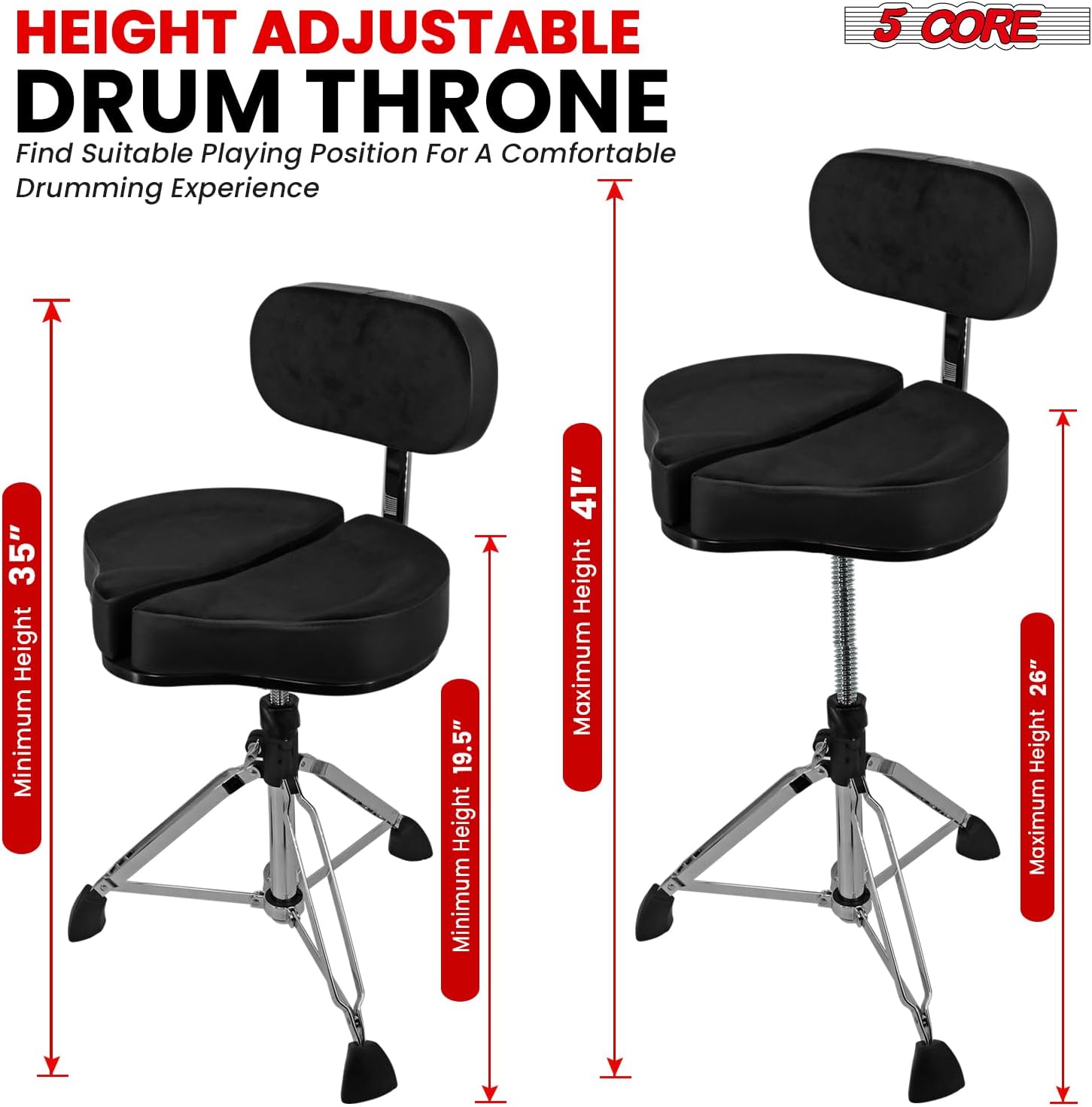 5 CORE Drum Throne 5 Inch Padded Velvet Top Split Spine Support Seat 441Lb Capacity Chair w Backrest for Adults and Kids Black - DS GT BLK-VEL BKREST