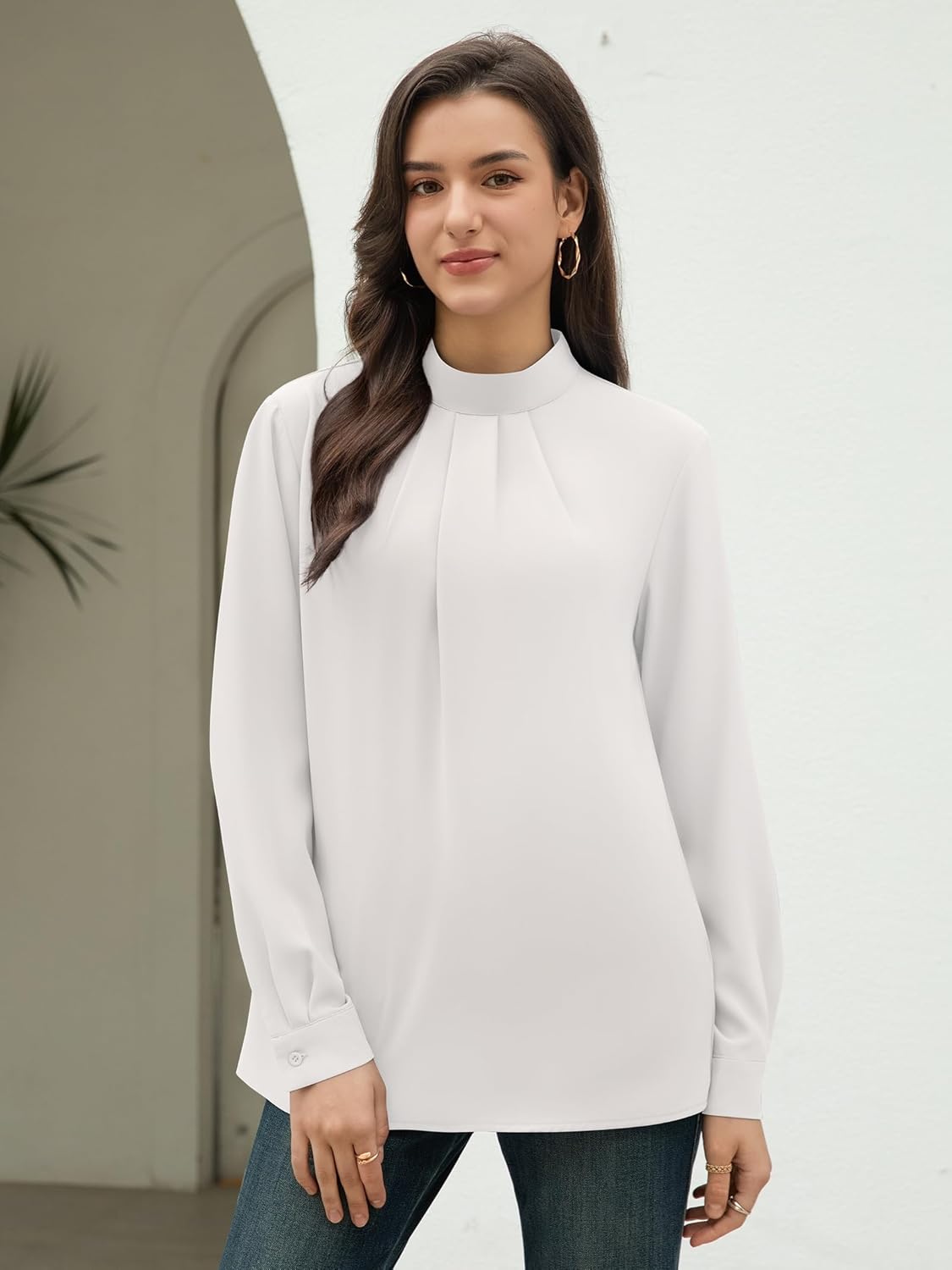 Funlingo Women's Long Sleeve Tops Dressy Casual Mock Neck Work Blouse Fall Trendy Front Pleated Tunic Chiffon Shirts - Image 2