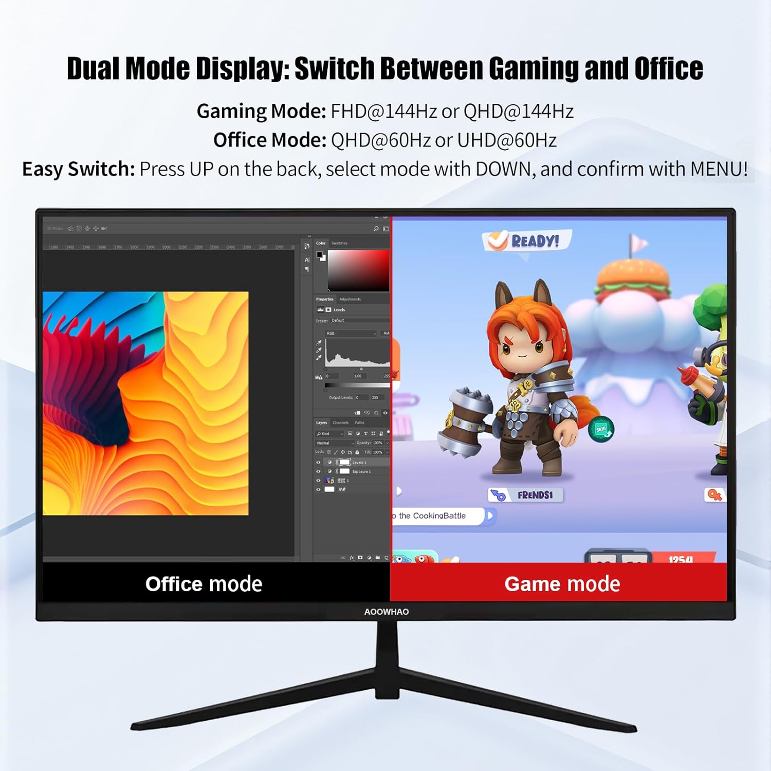 WORKING VERIFIED 27 Inch 4K UHD (3840x2160) Monitor, Dual Mode 4K@60Hz/2K@144Hz, IPS Panel, Borderless Design, HDR400, 99% sRGB, Work & Gaming Monitor for Designers, Office, and PC Gaming with HDMI DP Type-c